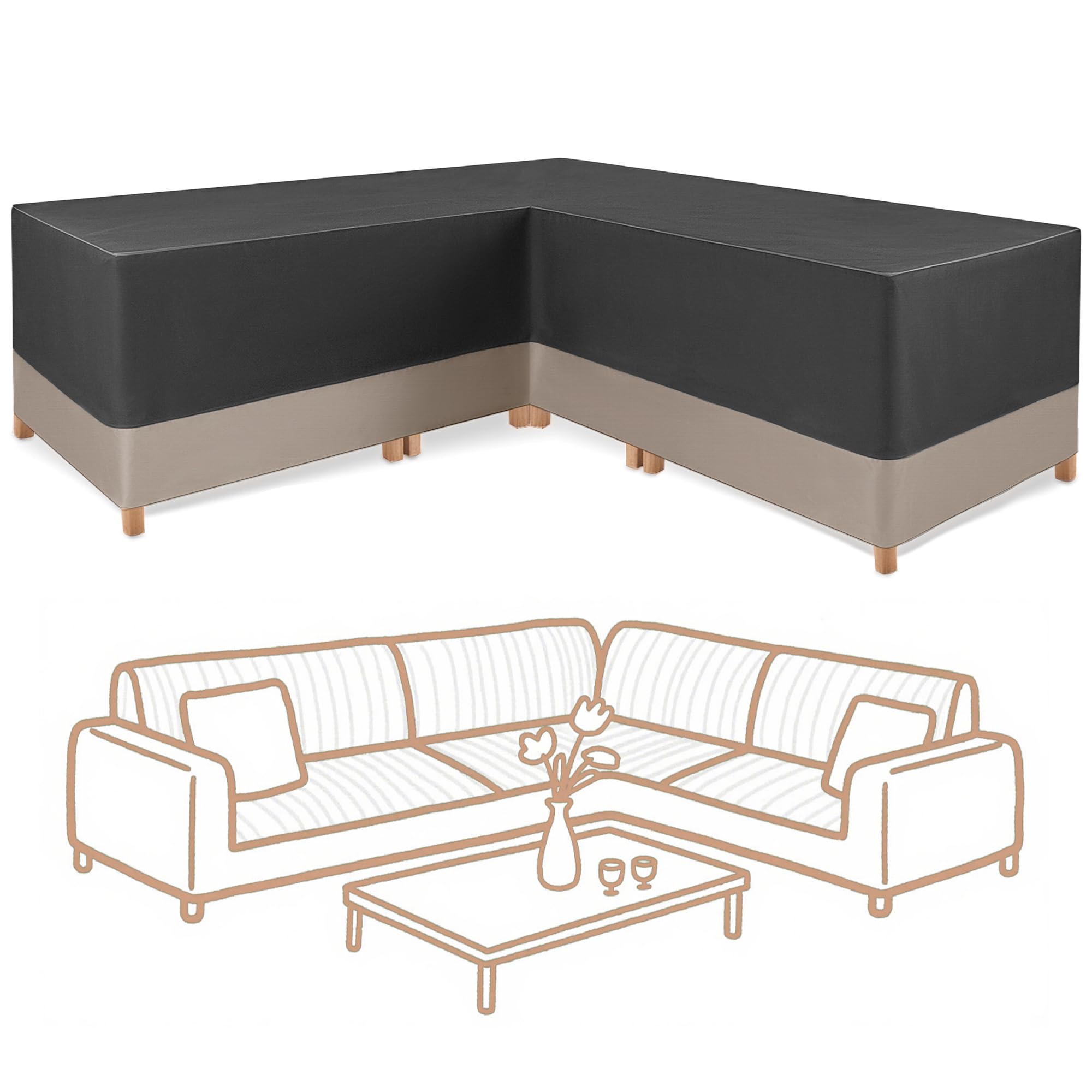 Gartenmöbel Abdeckung L-Form,Schutzhülle für Gartenmöbel,420D Oxford Gewebe Wasserdicht Winddicht Ecksofa Abdeckplane ,Möbbelsets Schutzhülle für Sofa, Loungemöbel 255x255x70CM