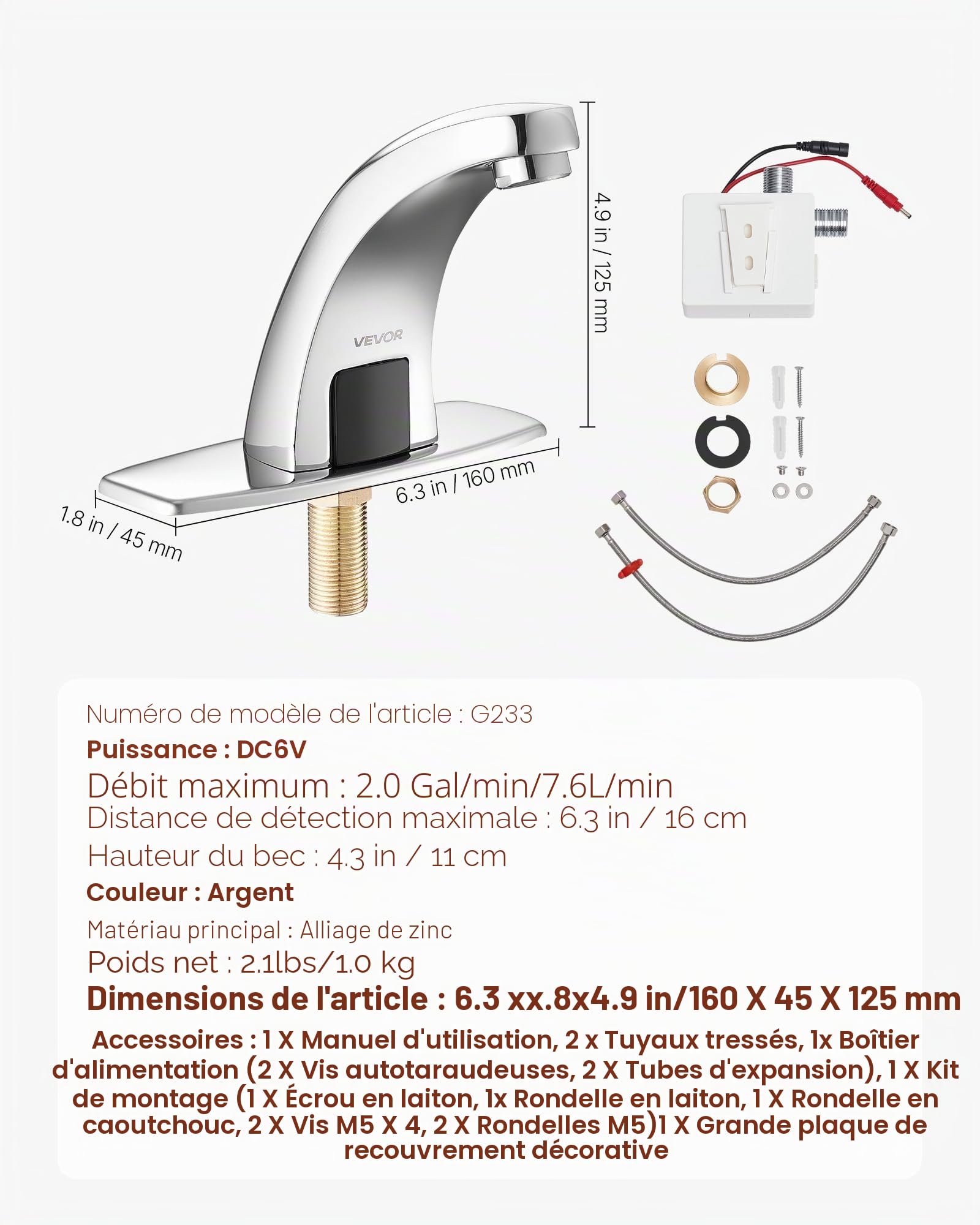 VEVOR Robinet Automatique sans Contact, Mitigeur à Capteur de Mouvement, Eau Froide, avec Plaque de Protection, Fonctionne sur Piles, pour Tuyau de 9,5 mm, Lavabo Évier Cuisine, Chromé Argenté