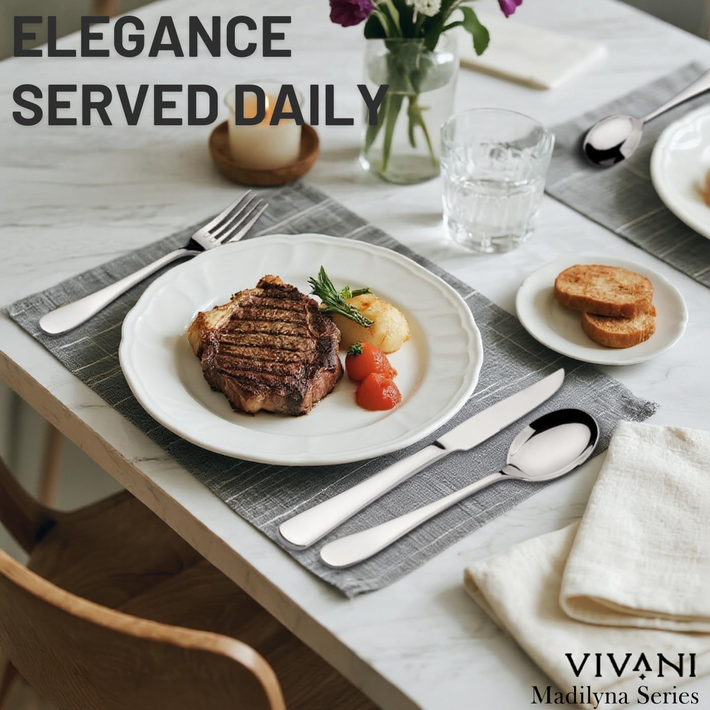 16 Piece Heavy Duty Silverware Set with Steak Knives for 4, Stainless Steel Cutlery Set, Modern Flatware Set, Utensils Set for Home, Dorms, Resturant, Cafes, Mirror Polished and Dishwasher Safe image 4 of 9 B0F9YKHTJ1