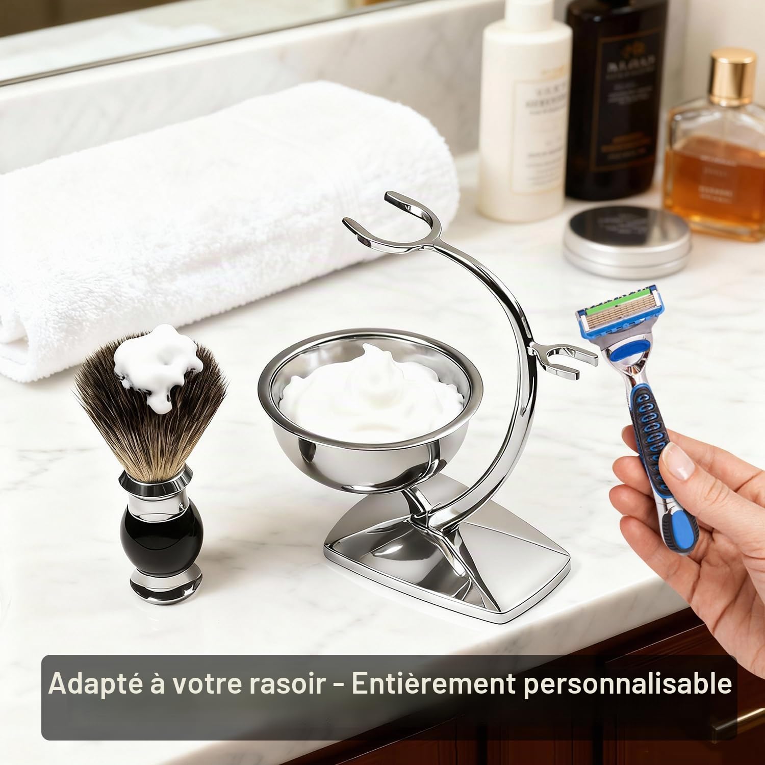 GRUTTI Kit rasage 3-en-1 homme: Bol inox magnétique + Support zinc chromé + Pinceau synthétique poil de blaireau | Hygiénique & Pratique | Ajoutez votre rasoir!