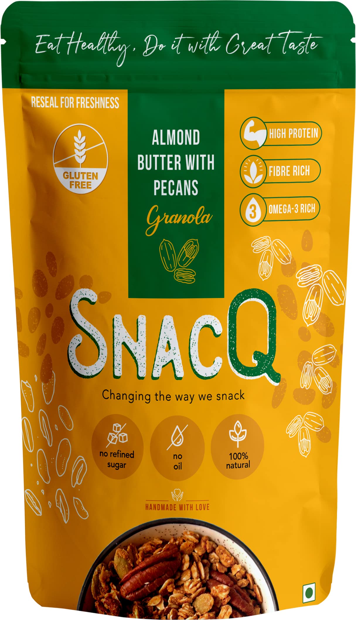 SnacQ Almond Butter with Pecans Granola - 250 Grams (Pack of 1) | Tasty, Healthy and Convenient Breakfast and Snack | High Protein, Gluten Free Granola | No Oil, No Artificial Sugar, No Preservatives (B098BQG44B) Amazon Price History, Amazon Price Tracker