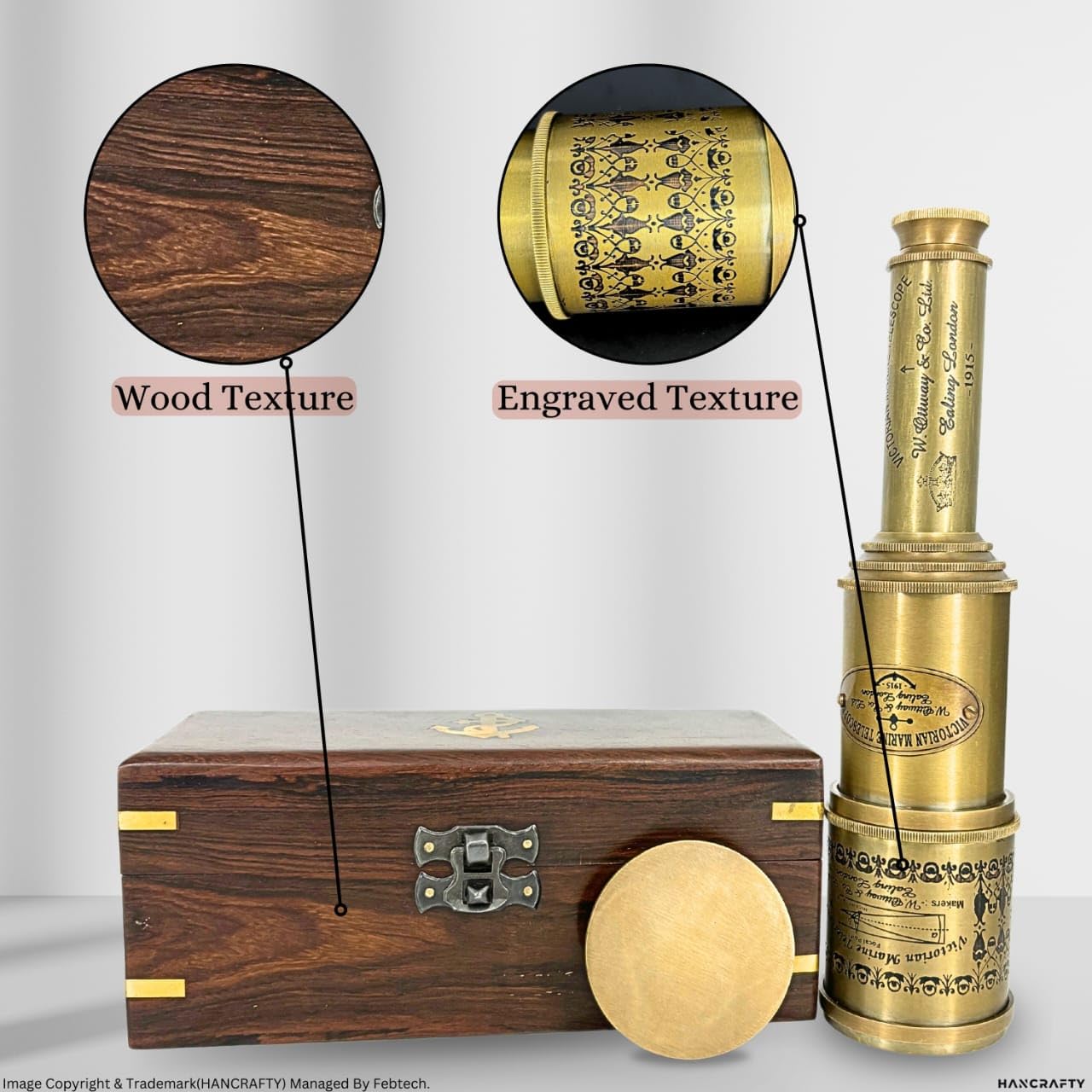 Hancrafty Vintage Brass Telescope Victorian 1915 | Martine | Antique | Full Functional | with Wooden Gift Box | 20 Inch 1