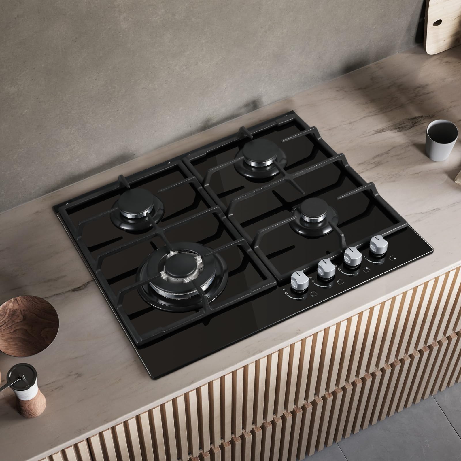 SNDOAS piano cottura 4 fuochi gas, piano cottura vetro con protezione automatica della fiamma, gas naturale e gas propano, nero, 8060 W, 220-240 V