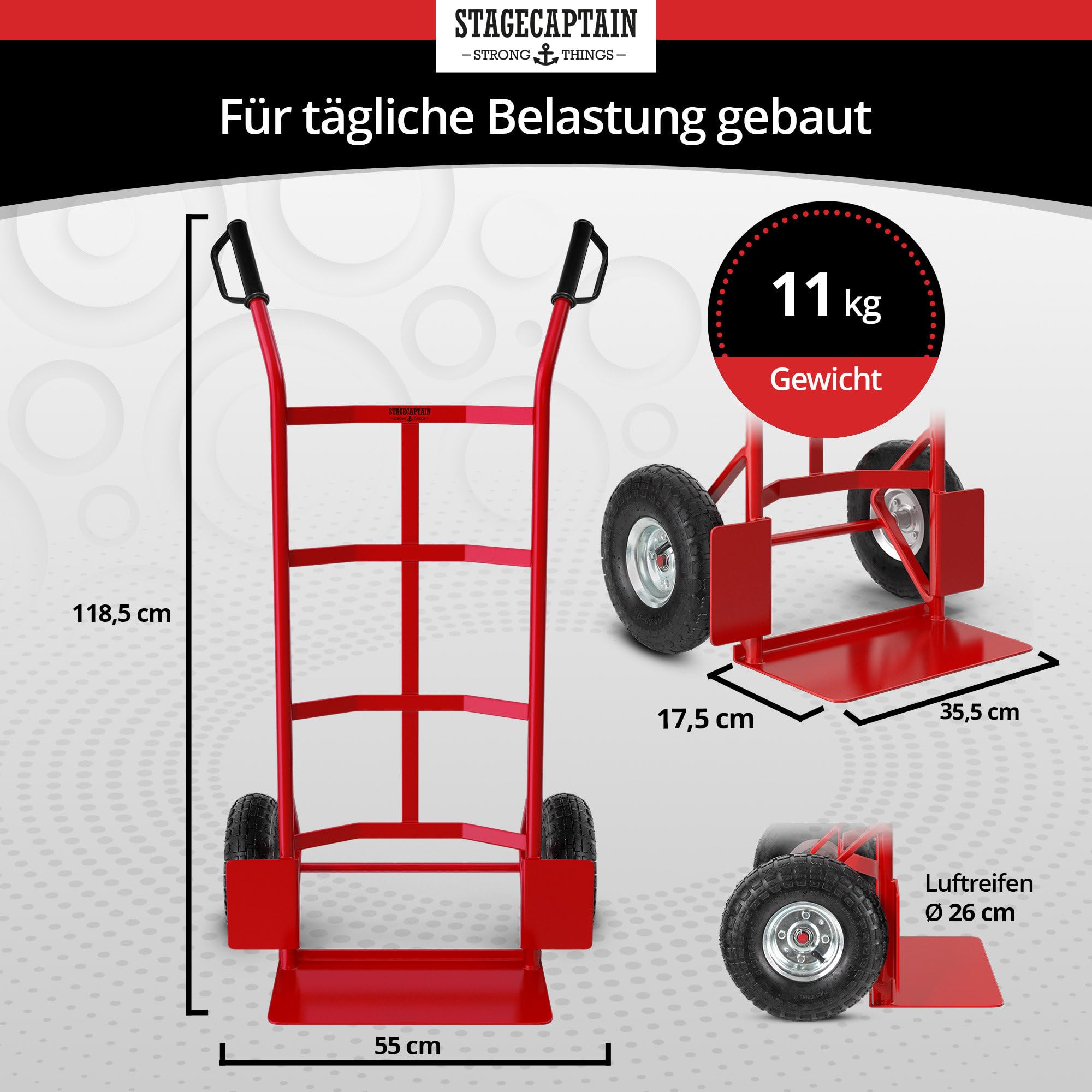 Stagecaptain Carryboy Sackkarre - 200 kg belastbar - Transportkarre für Umzug oder Getränkekisten - Robuster Stahlrahmen und Luftreifen mit 27 cm Ø - Handwagen mit Sicherheits-Haltegriffen - Rot