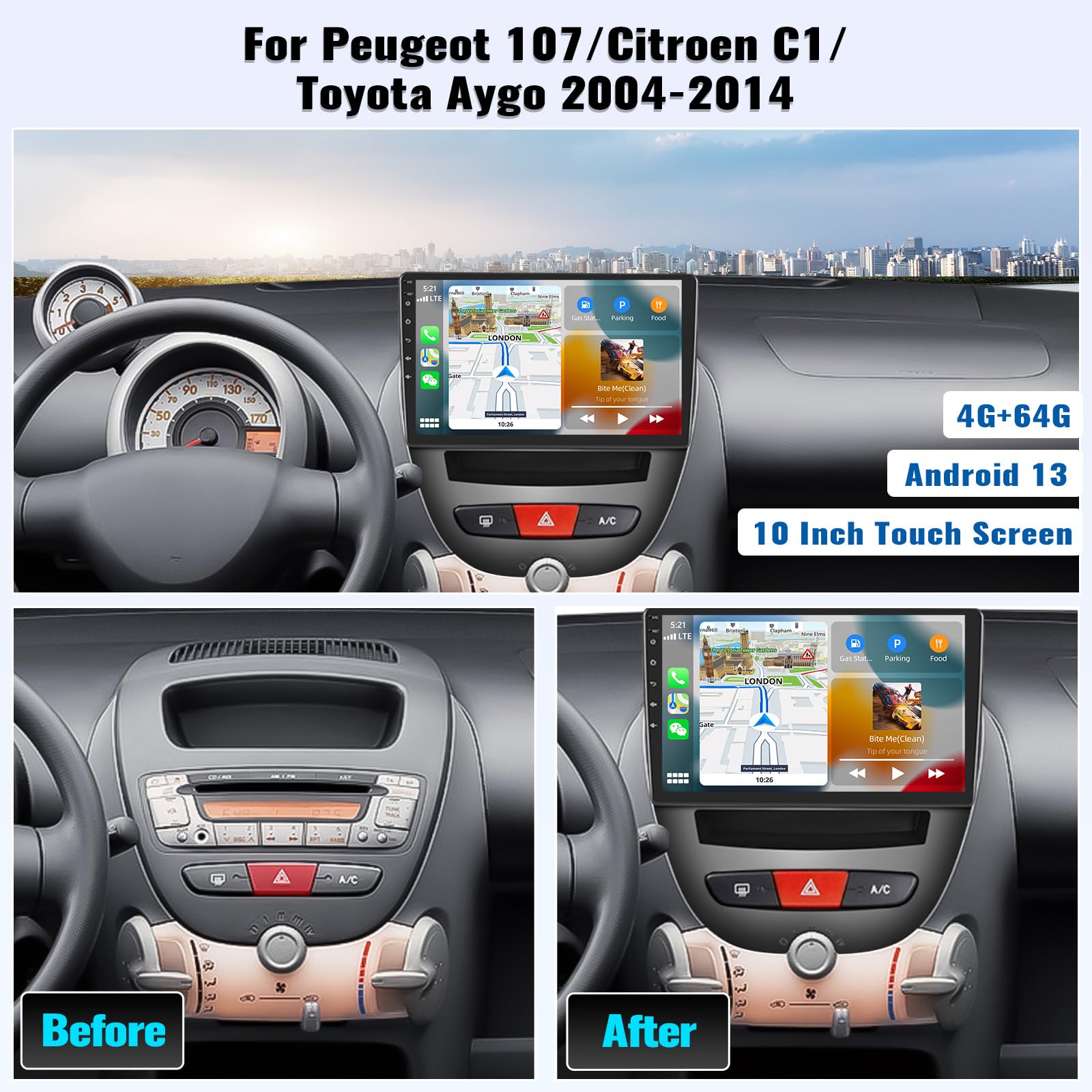 4G+64G GOHHDL Android Autoradio 2Din per Peugeot 107 / Citroen C1 / Toyota Aygo 2004-2014 con Carplay Android Auto, Radio da 10 Pollici con BTGPS Navi WIFI FM/RDS Mirror Link SWC Retrocamera&MIC