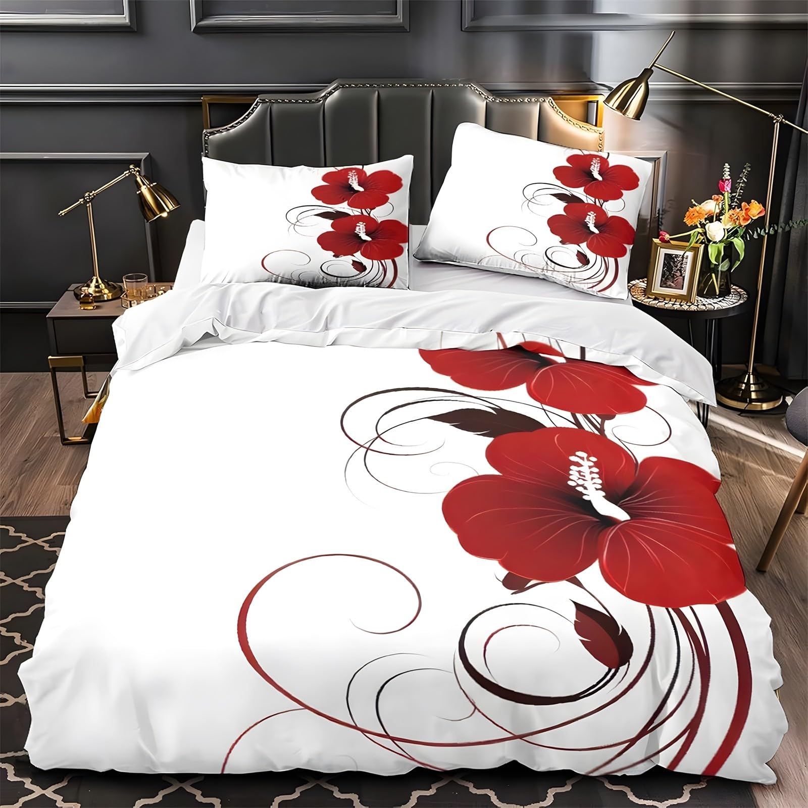 Ypthriline Romantic Super King Duvets Set Hibiscus Bedding Set Microfiber Duvet Covers With Pillowcases Reversible Bedding With Zipper Closure 260X220cm