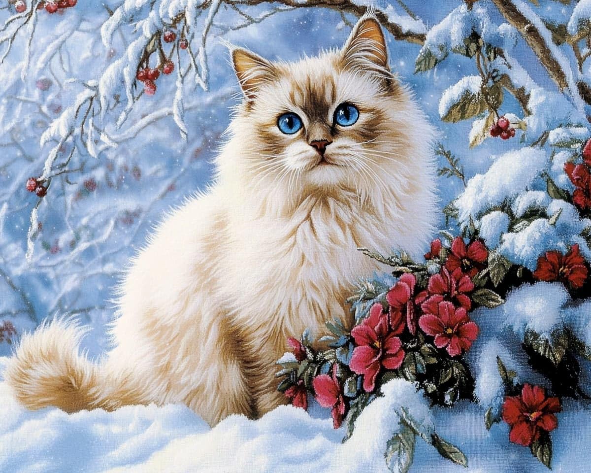 AxiangziK 12x16 Inch Cross Stitch Kit,Siamese Cats and Flowers in the Snow 30x40cm Pre Printed Embroidery Kit for Adults,DIY Needlepoint Wall Art Home Decor