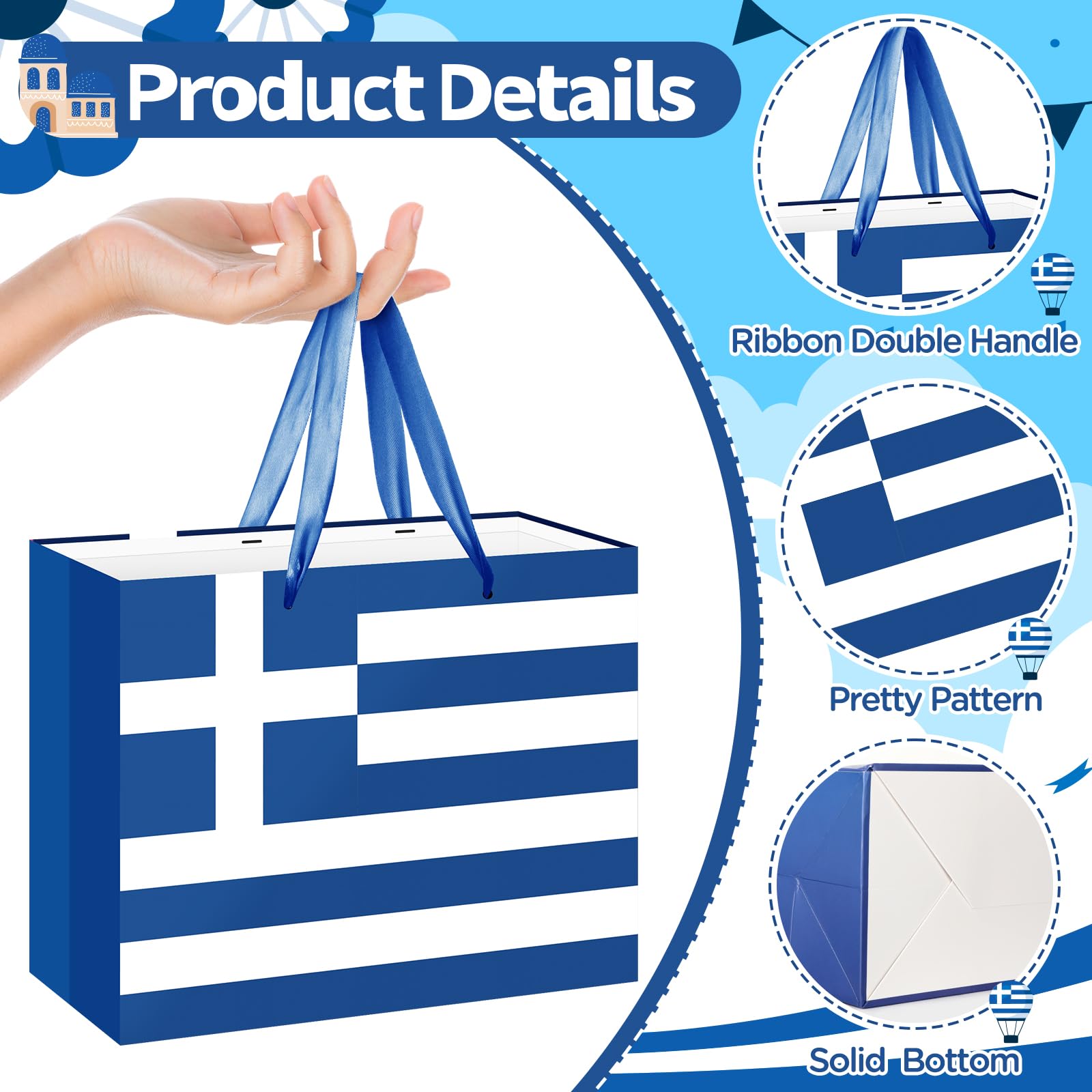 Neptniopllab Greek Flag Gift Bag with Card & Wrapping Papers,Blue White Greece Theme Party Decorations Gift Bag for National Day of Greece,Birthday,Greek Family Gathering Dining,Goodie Treat Bag