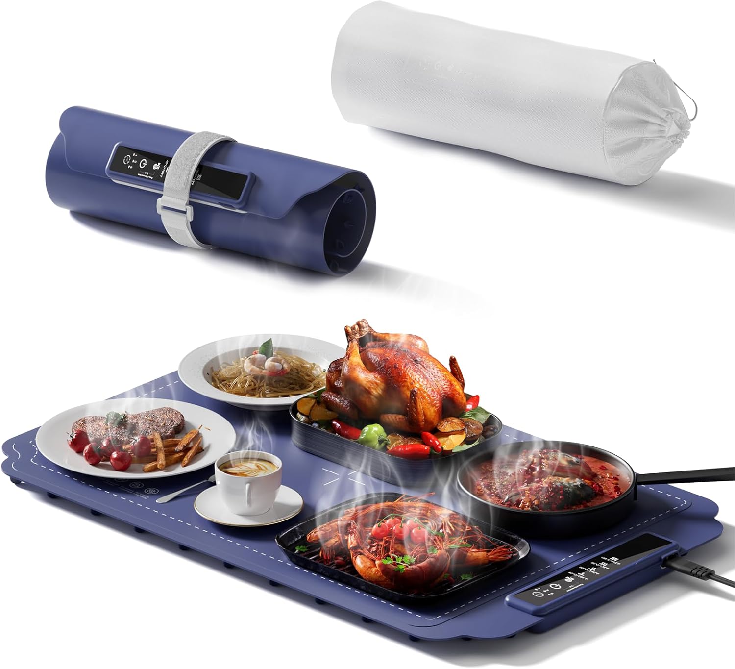 Warming Mat for Food, Electric Warming Tray, Fast Full Surface Graphene Electric Warming Tray, Extra Large Roll Up Silicone Food Warming Mat, Perfect for Gatherings, Parties &Everyday Use(Blue)