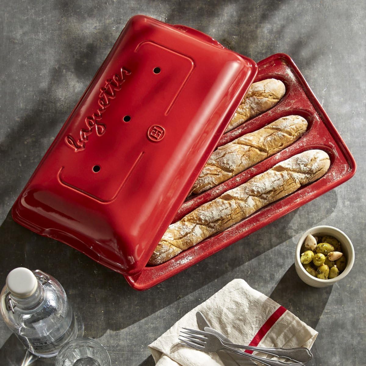 Emile Henry Baguette Mould, Ceramic, Burgundy, 39x24x12.5 cm