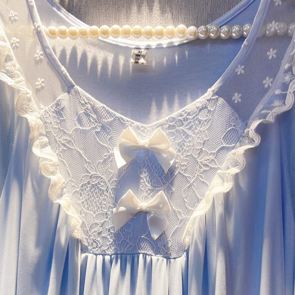 Nachtwäsche Damen,Damen-Nachthemden, Hellblau, Rundhals, Spitze, Rüschen, Schleife, Netz, Elegantes Schlafhemd, Weiches, Bequemes, Lange Ärmel, Nachthemd, Loungewear Für Damen, Mädchen, Pyjama-