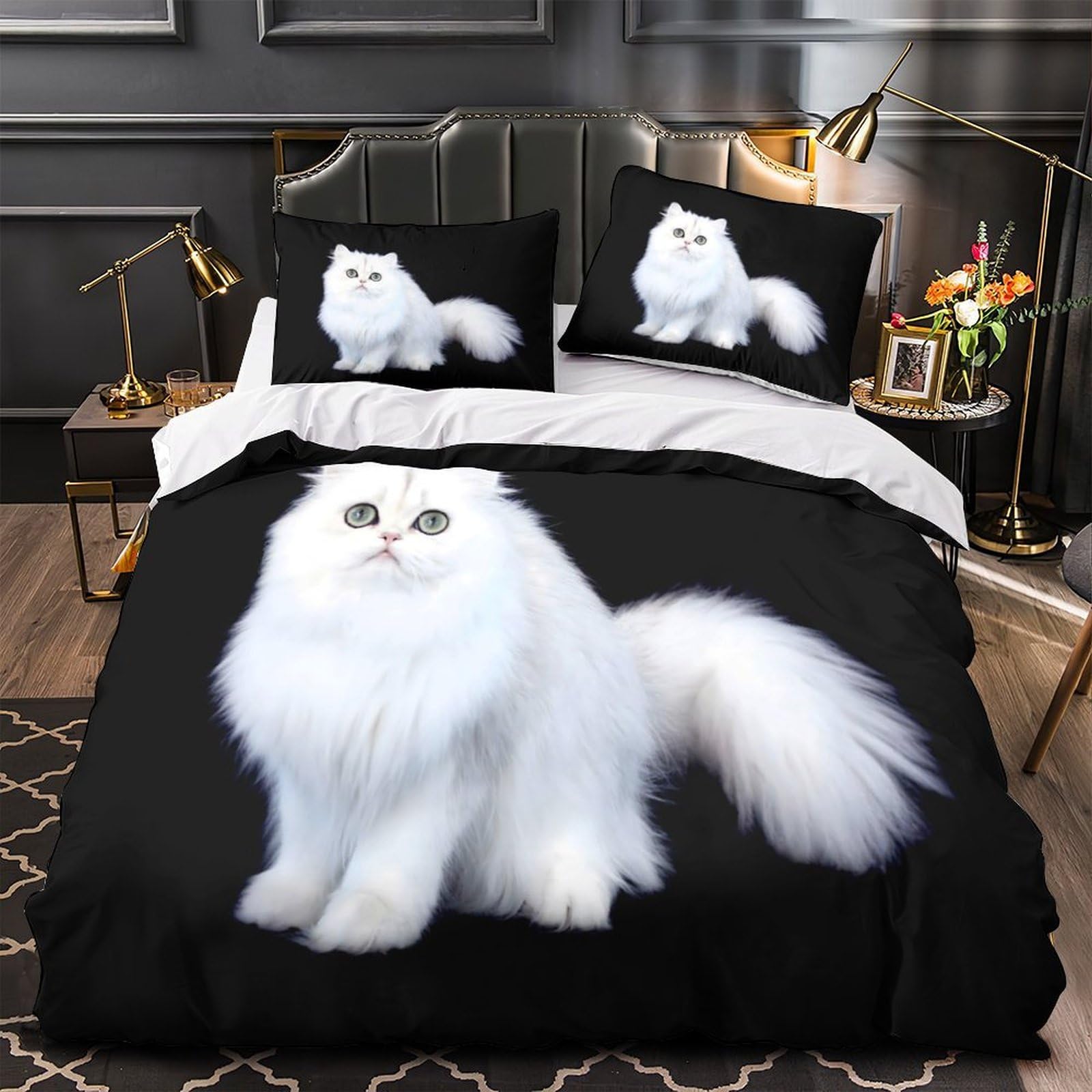 Housse de couette chat blanc 3D 200x200 microfibre et 2 taies