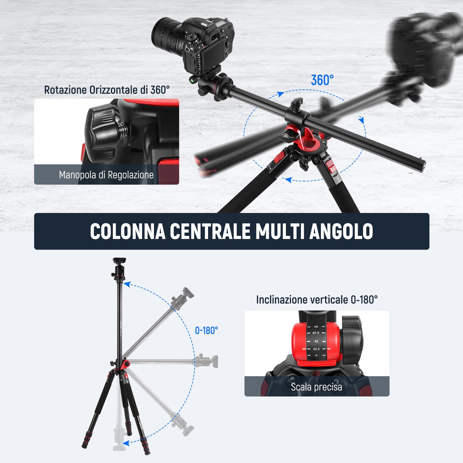 NEEWER 184cm Treppiede Monopiede per Fotocamera con Colonna Centrale e Testa a Sfera in Alluminio, Piastra QR Tipo Arca, Borsa, Treppiede Braccio Orizzontale per Fotocamera DSLR, Videocamera, Max 33lb