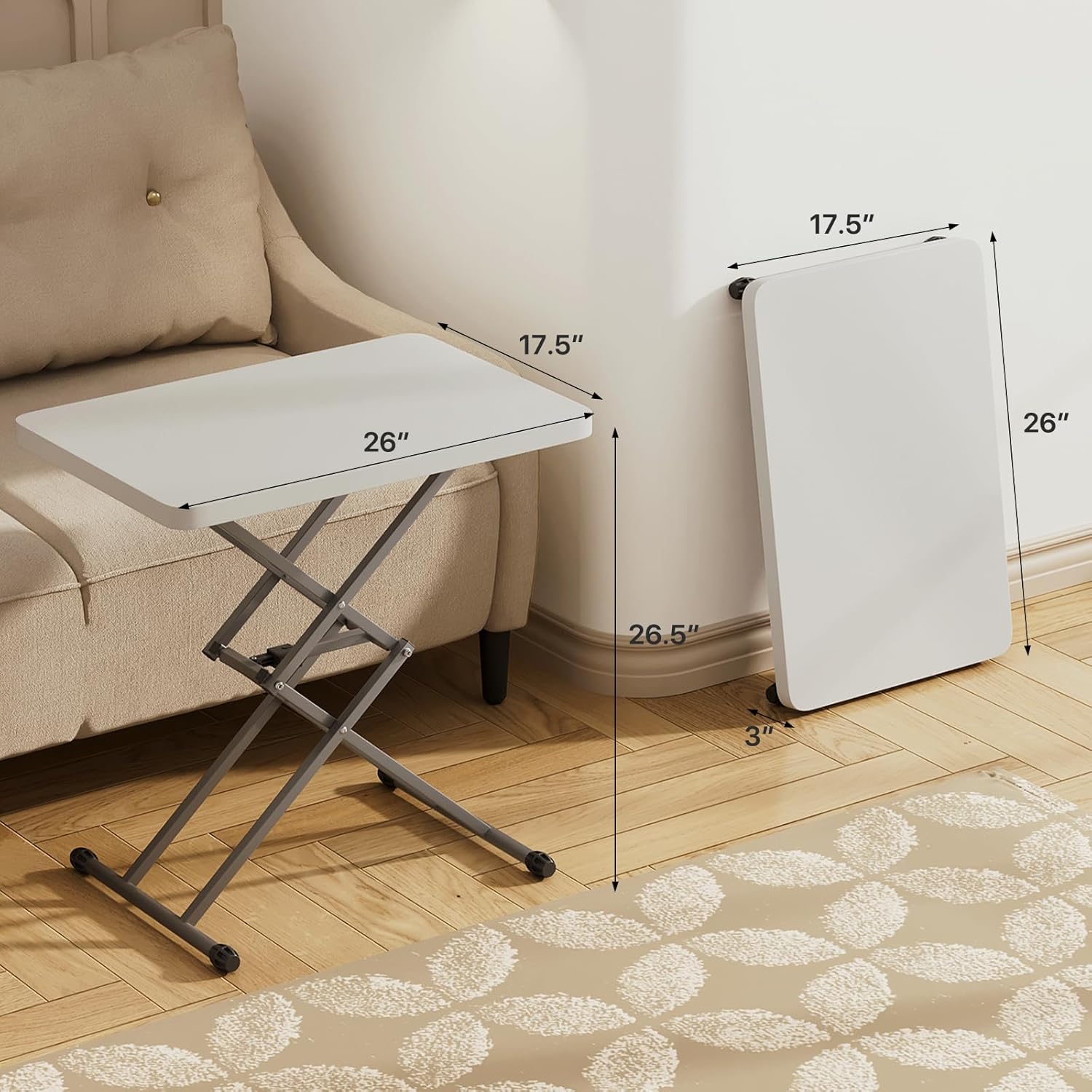 Folding Table, 26“ Pop-up Tv Dinner Tray Table, Foldable Portable Card Table for Outdoor Indoor, 4 Adjustable Height Setting, X-Shape Frame Rectangular Camping Picnic Table, White