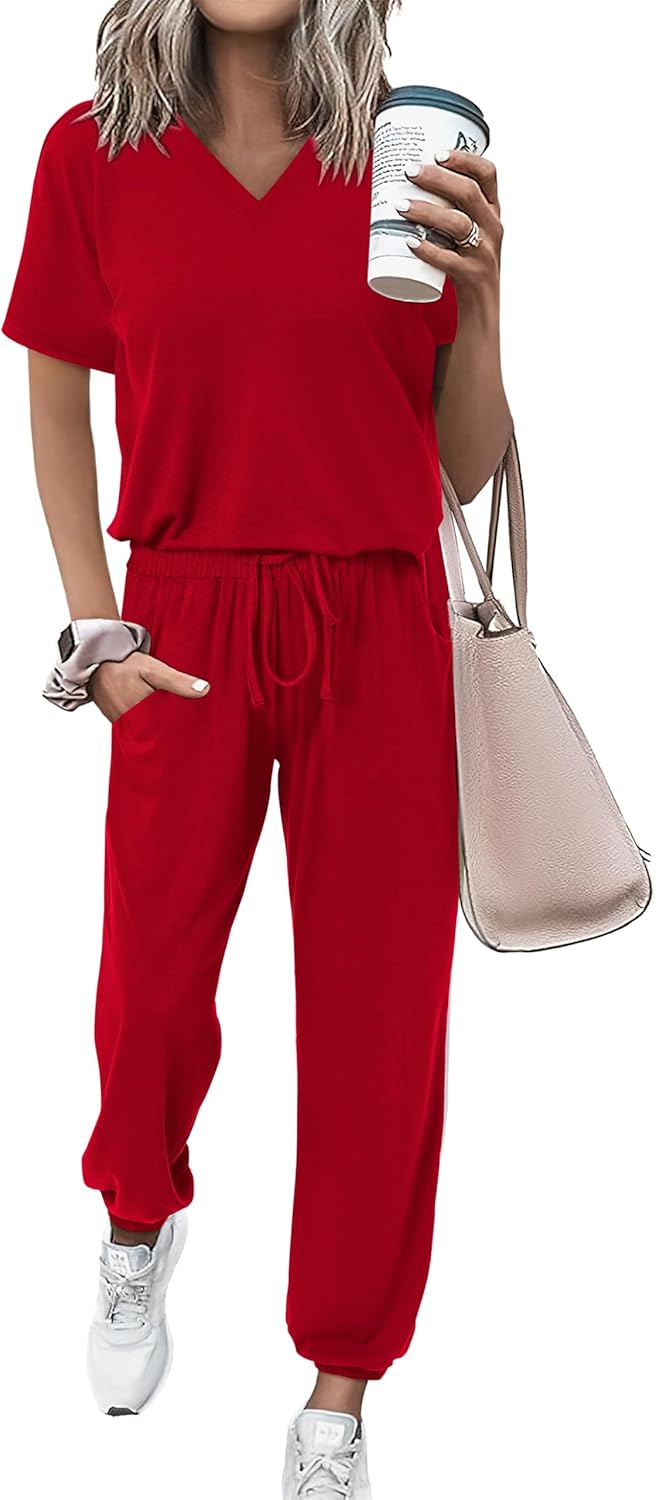 MASCOMODA Womens 2 Piece Outfits Summer Casual V Neck Short Sleeve Tops Long Pants Tracksuit Lounge Jogger Set with Pockets