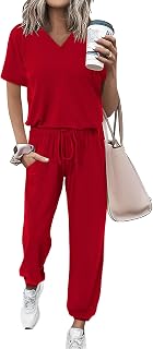MASCOMODA Womens 2 Piece Outfits Summer Jogger Lounge Sets | Matching 2 Piece Sets with Pockets, V Neck Short Sleeve Tops & Long Pants, Casual Track Suits, Airport Travel Outfits 2026