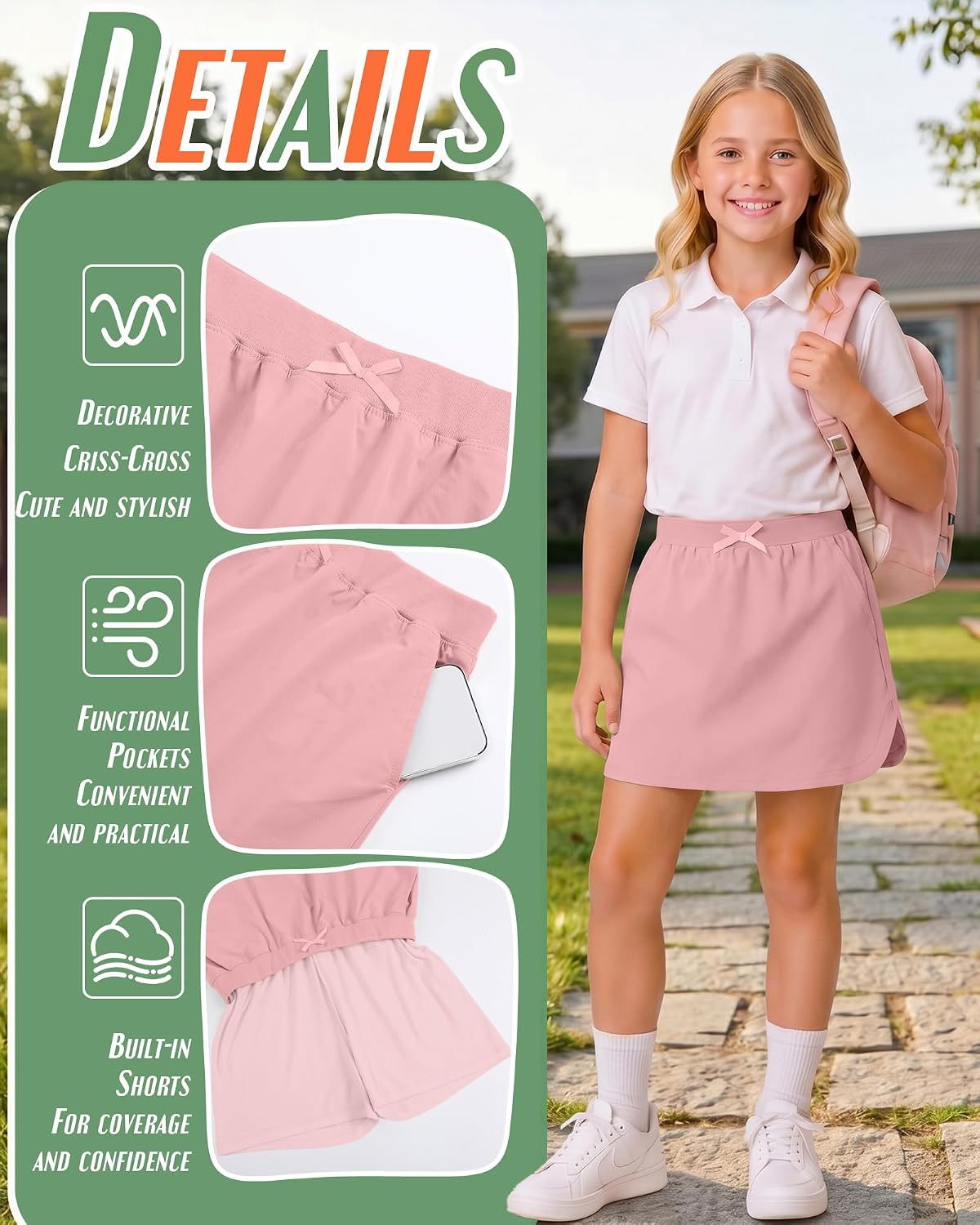 3 Pack Girls Uniform Skorts School Pull-on Scooter Skirt with Undershorts for Teens Back to School