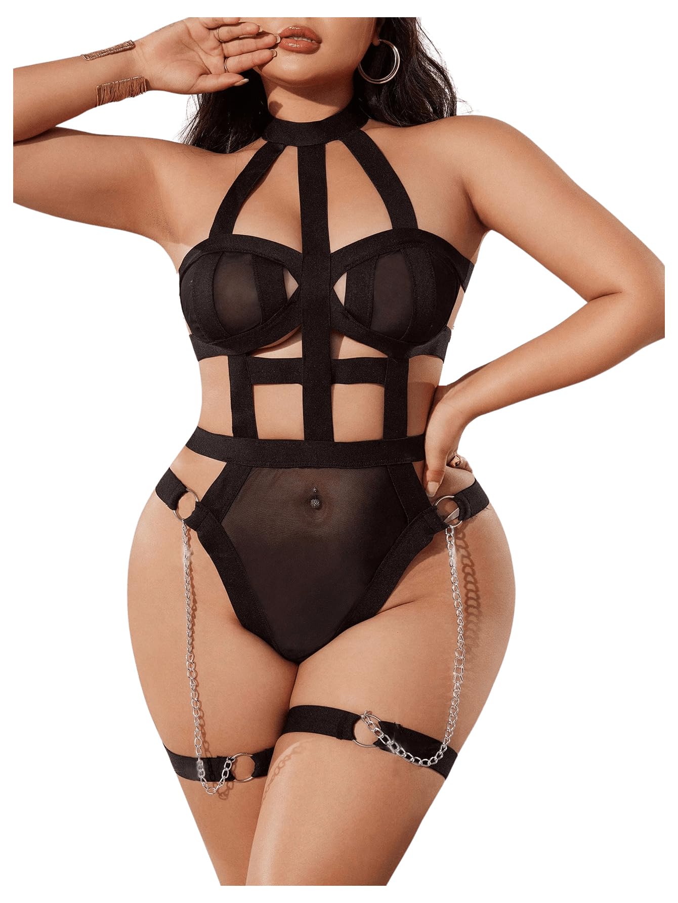 OYOANGLE Women's Plus Size Strappy Harness Cut Out Halter Teddy Bodysuits Garter Babydoll Lingerie Black 4XL