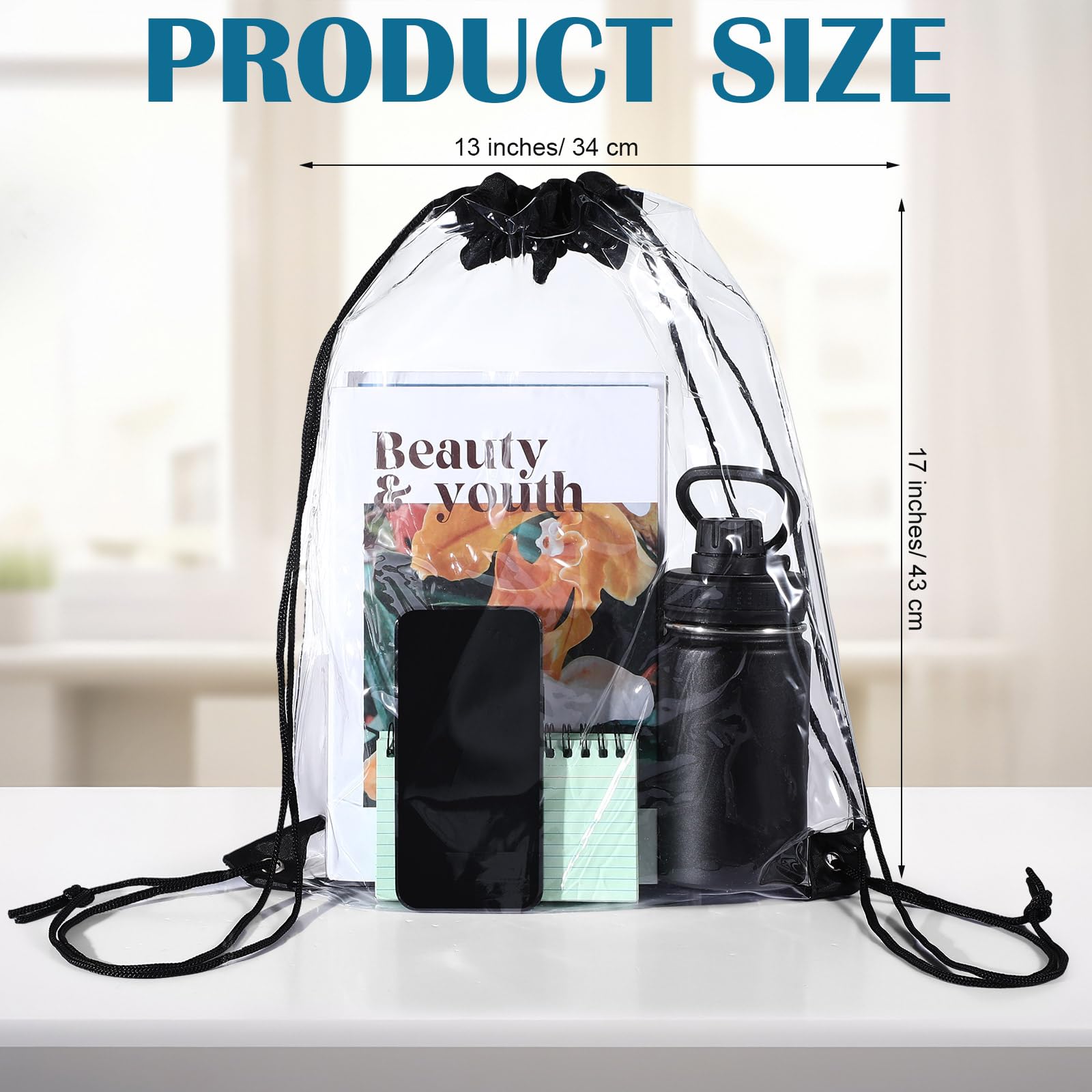 Silkfly Clear Drawstring Backpacks Bulk Stadium Approved Bags for Men Women Gym Sport Colleges Event Security (Black)
