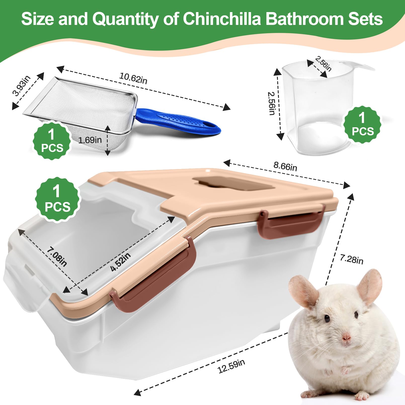 Kit de contenedor grande para baño de arena de chinchilla, casa de baño de polvo de chinchillas con taza de arena y pala de arena, ducha de hámster, para erizo, cobaya, ardilla y otros