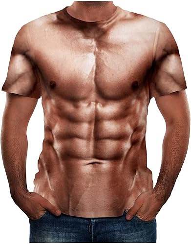 Camisetas de verano unisex con cuello redondo, manga corta, divertidas, con estampado gráfico, casual, 3D, falsos músculos, camisetas