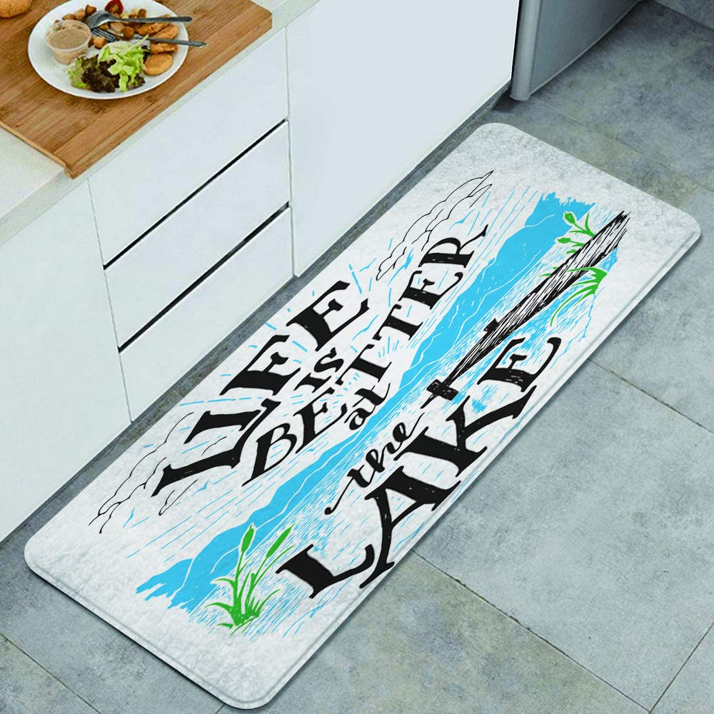 FOURFOOL Standing Mat Kitchen Rug,Cabin Decor Life is Better at the Lake Wooden Pier Plants Mountains Outdoors Sketch,Entry Floor Carpet Door Mat Runner,Standing Rug for Laundry,Floor Home,Office,Sink