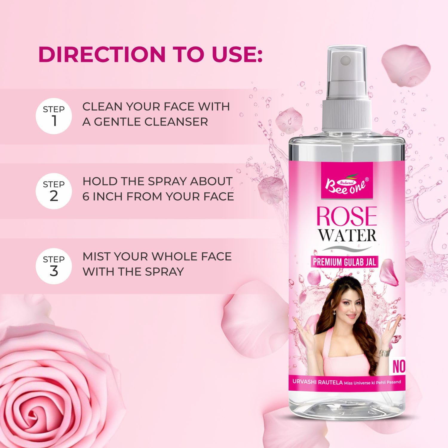 Bee One Rose Water 500ml (Pack of 2) 500ml×2=1000ml | Face Toner & Facial Mist | Hydrating Cleanser spray for Glowing Skin | Gulab Jal for Pore Care, Brightening & Moisturizing | Alcohol & Paraben Free | All Skin Types 4