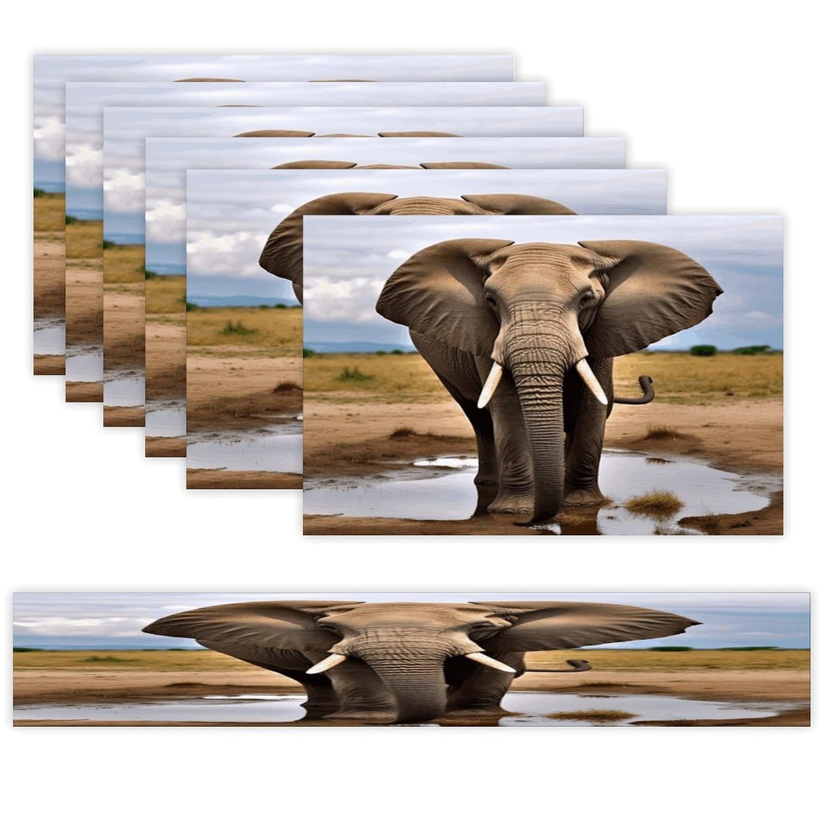 African Wild Animals Elephant Table Runner and Placemats Set of 6 Wipe Clean Heat Resistant Table Mat with Table Runner Decorations Flax Linen Place Mat Set for Home Kitchen Party Supplies