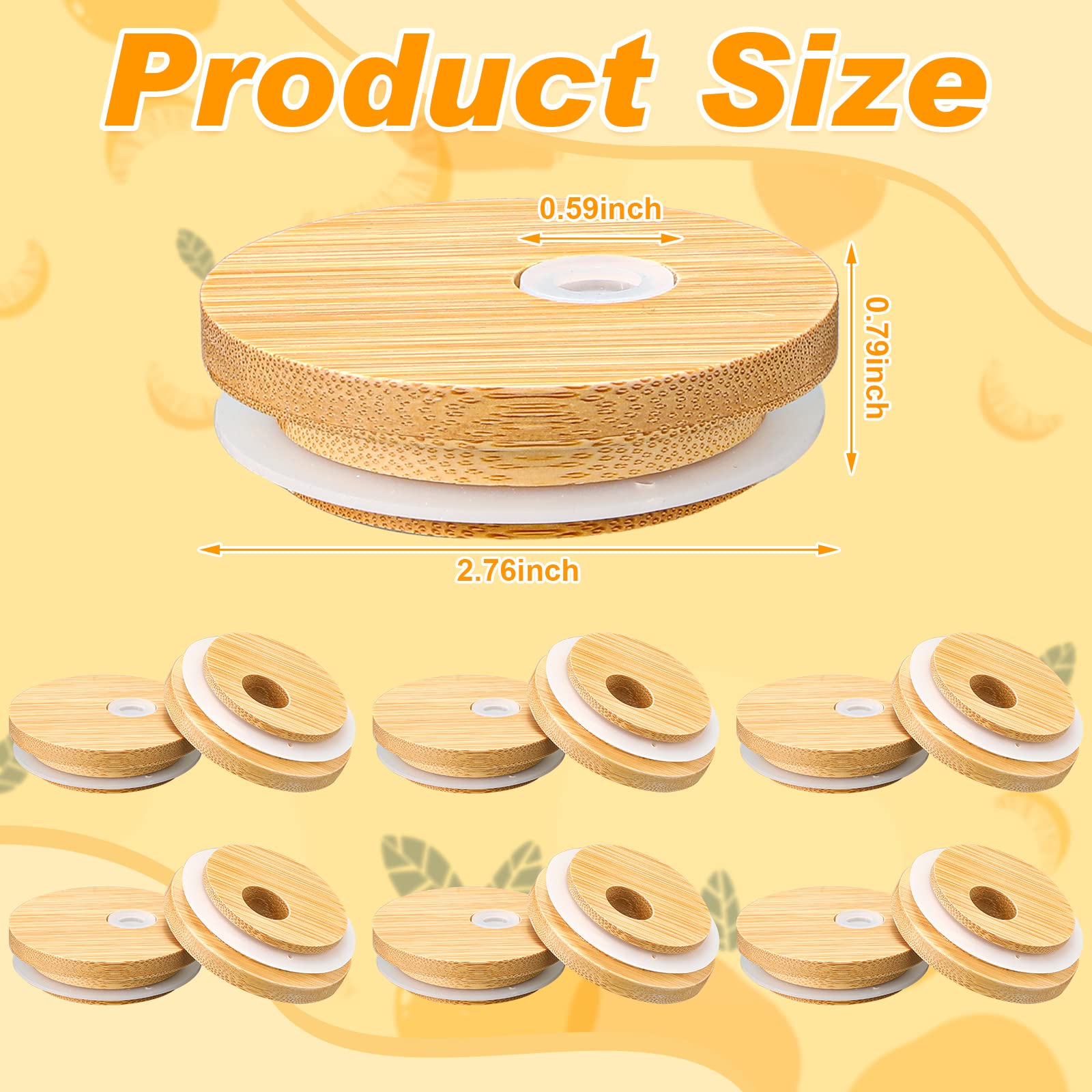 Sieral Tapas de tarro de bambú de 70 mm con agujero para popote para vasos de vidrio, tapas de tarro de madera reutilizables para latas de cerveza, tapas de conservas de 2.75 pulgadas con anillo de