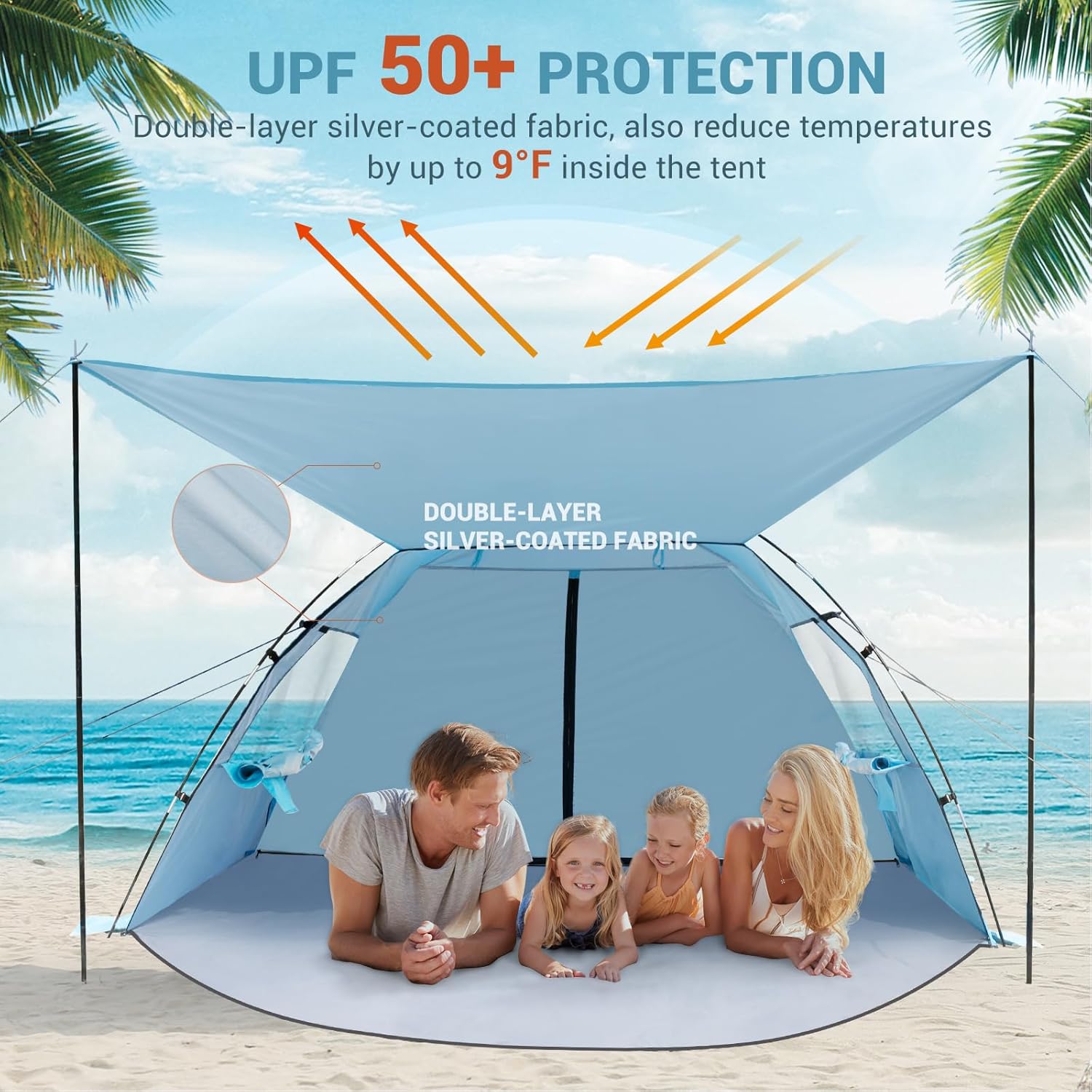 Elegear Beach Tent Sun Shelter with Canopy, 4-5 Person Pop Up Beach Tent, Easy Setup UPF 50+ UV Protection Portable Lightweight Double Silver Coating Beach Cabana Sun Shade Shelter - Sky Blue - Image 3
