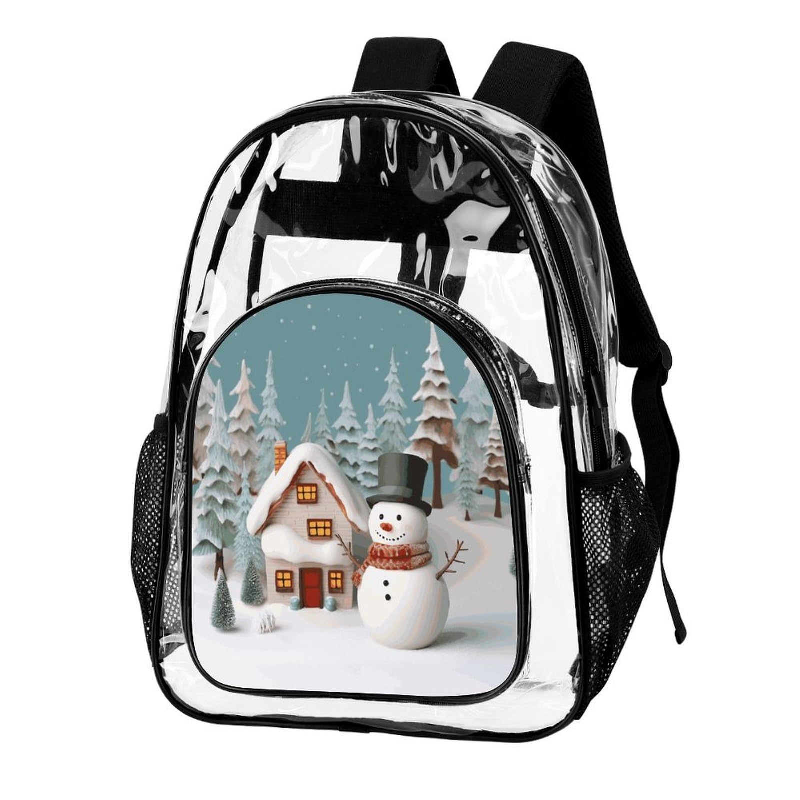 Transparenter Rucksack mit Schneemann und Dorf, groß, transparent, PVC, Büchertasche für Sicherheit, Arbeit, Reisen, Stadion