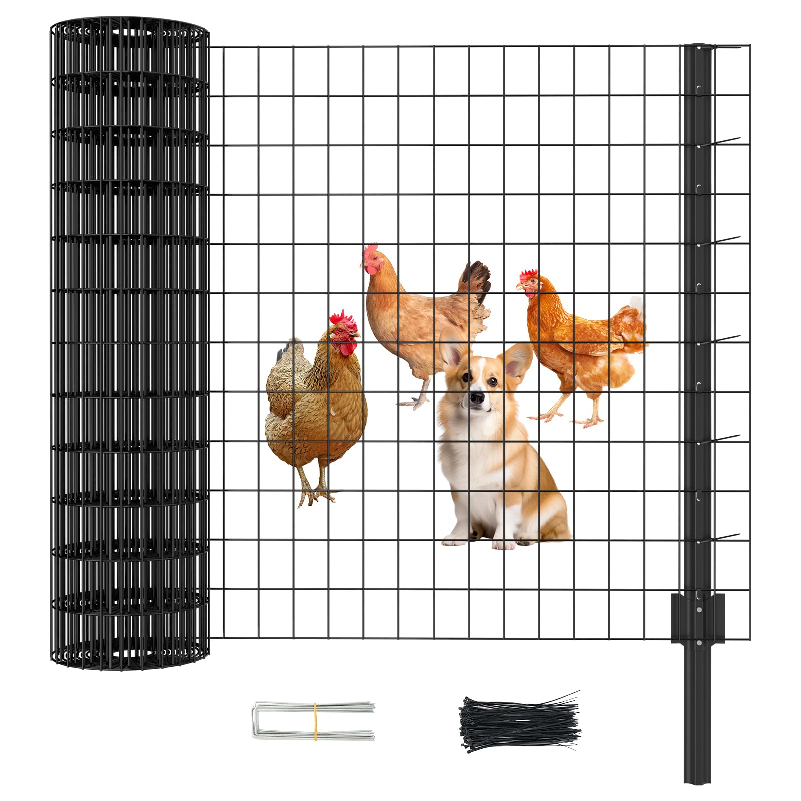 SUNYRISY Metall Hühnerzaun Gartenzaun Maschendrahtzaun 90cm hoch mit 5 x Pfosten, 15m lang Mobiler Hundezaun Weidezaun Steckzaun Begrenzungszaun Schafzaun, Verzinkter Material, Schwarz