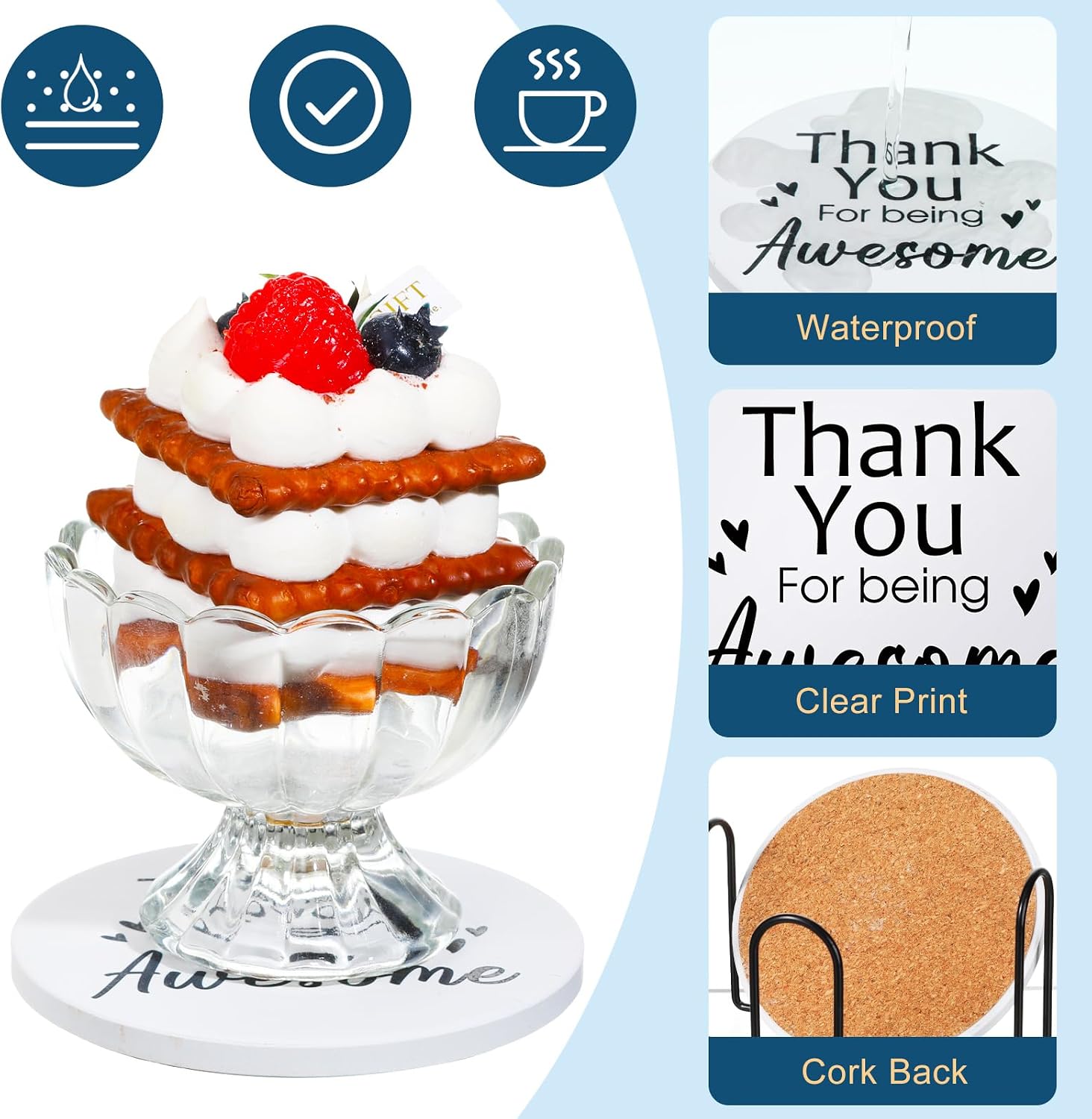 Set of 24 Thank You Appreciation Coasters Set, Ceramic Absorbent Drinks Coasters with Cork, Water Absorbent Cute Cup Mat Gifts for Teacher Employee(Elegant Style,Set of 24)
