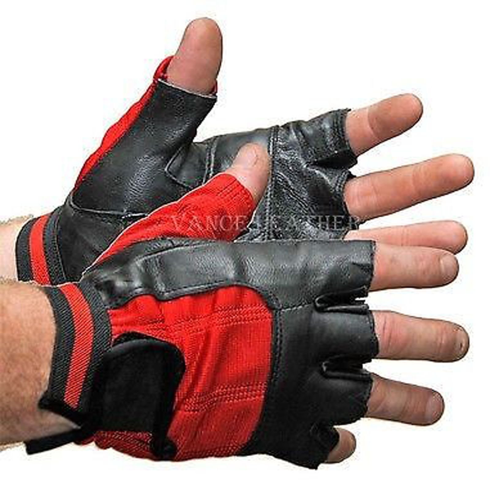 UNISEX MOTORCYCLE RIDING LEATHER GLOVE WITH SPANDEX BACK SHORTY BLK BLUE RED(2XL)