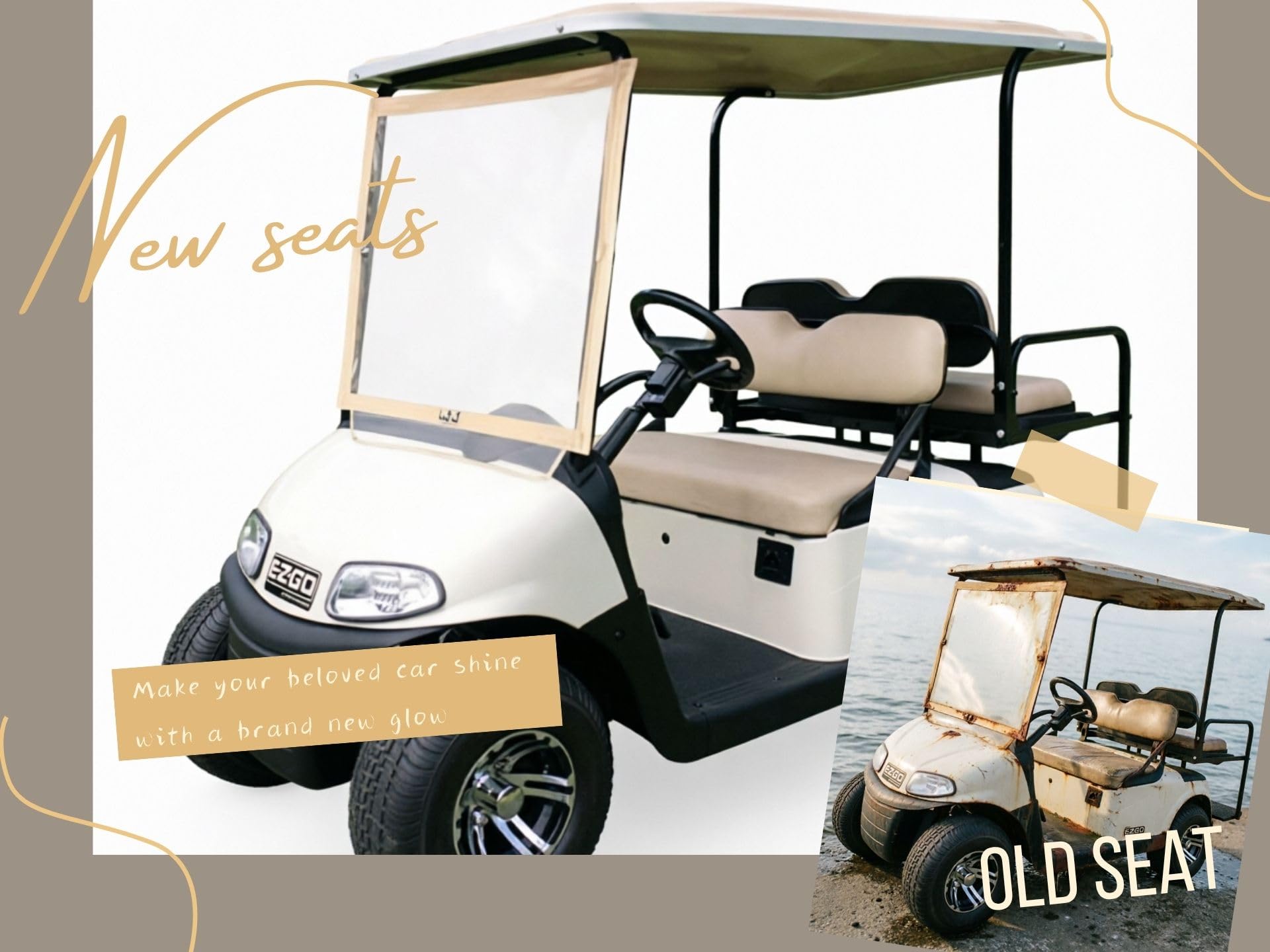 Cuscino per sedile anteriore e schienale per carrello da golf, per modelli EZGO Medalist TXT 1994-2013, con viti e cerniera inferiore, modello originale/OEM abbinato (kaki)