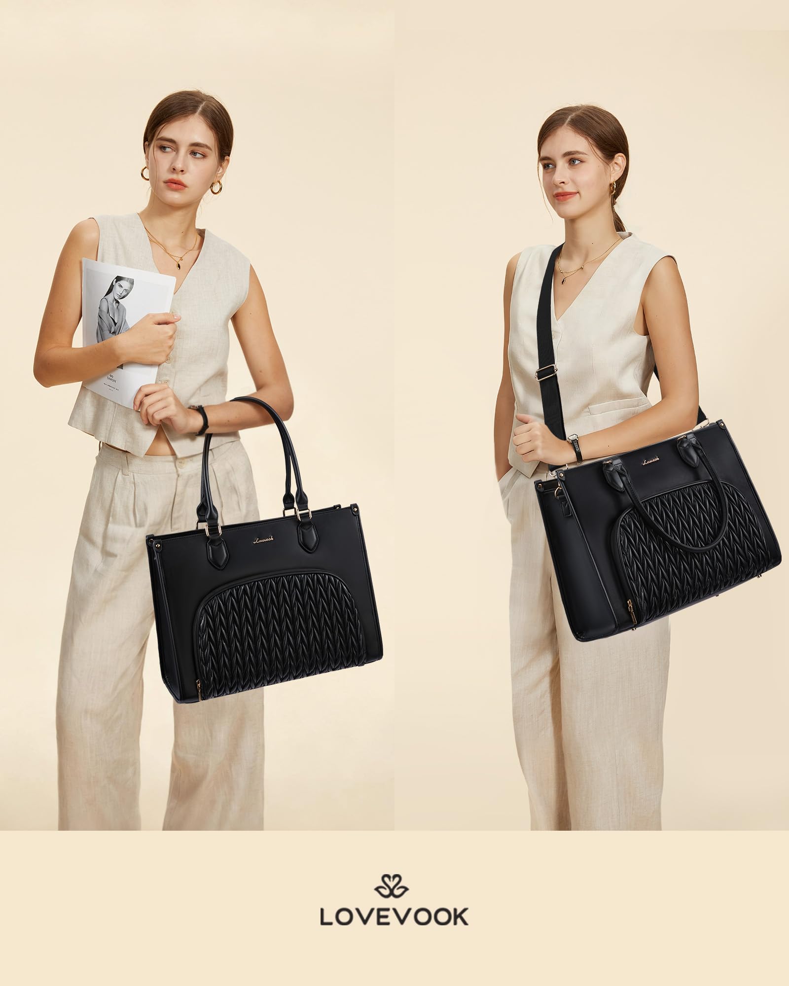 LOVEVOOK Arbeitstasche Damen mit Isoliertem Kühlfach, 15,6 Zoll Laptoptasche Leder, mittelgroß