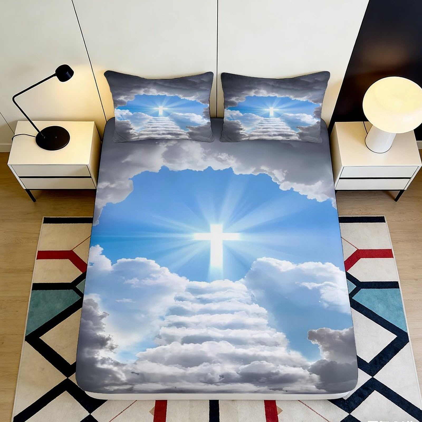 3D Printed Heaven Cloud Fitted Sheet Microfiber Cross Light Mattress Cover for Bedroom Guest Room Decor Protection 90x200x25cm