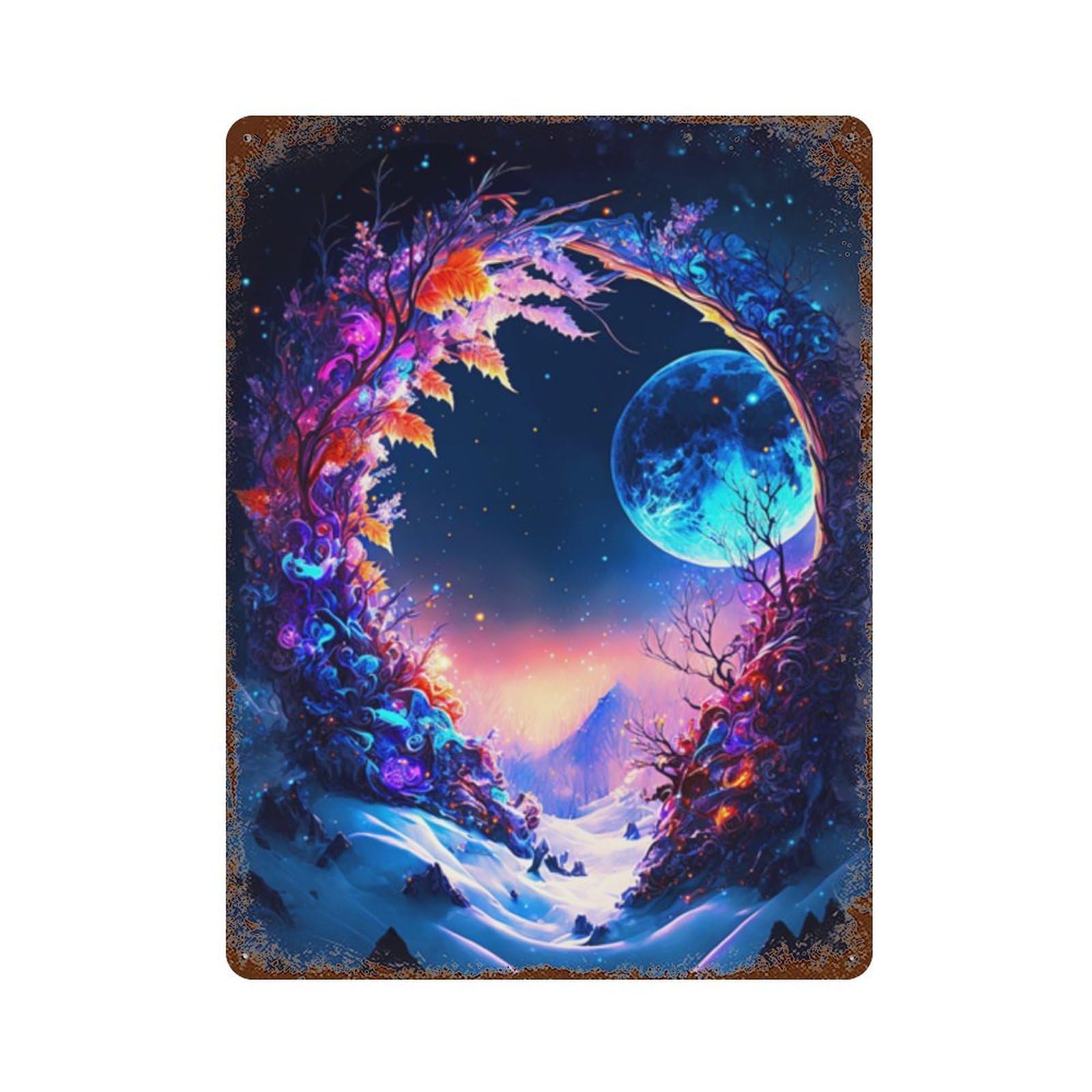 Decorative Tin Sign with Fantasy Moonlit Forest Scene Design 15.7"x11.8", for Basement, Hobby Room And Garage Decor, Farmhouse Wall Decor