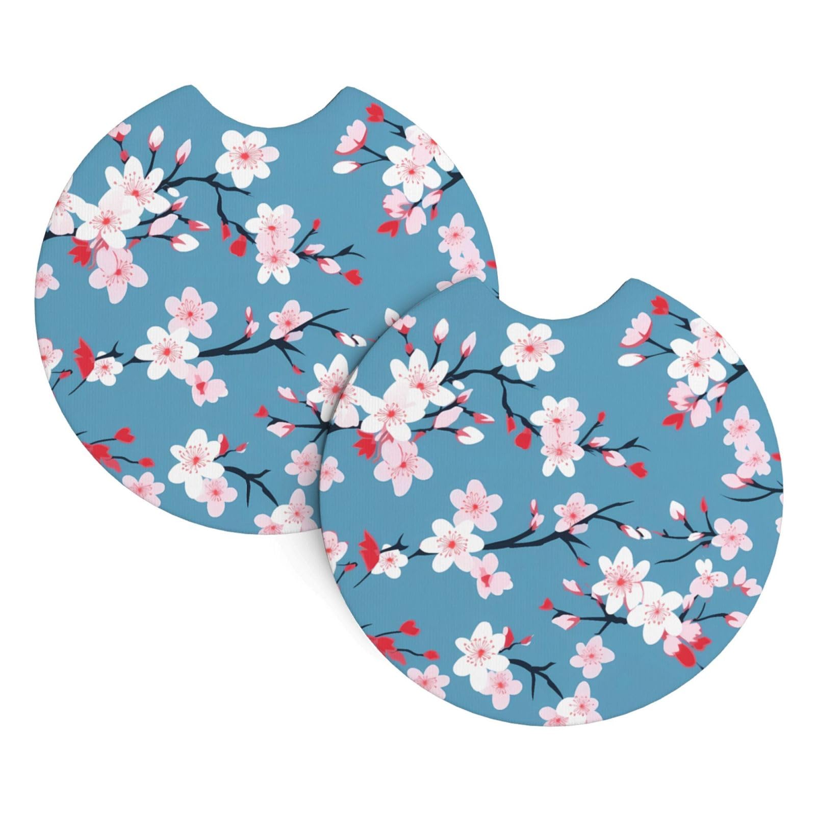 HJFCZH Japanese Cherry Flowers Printed Car Coaster Set of 2 - Waterproof Rubber Cup Holder Protectors for Cars, Trucks & SUVs