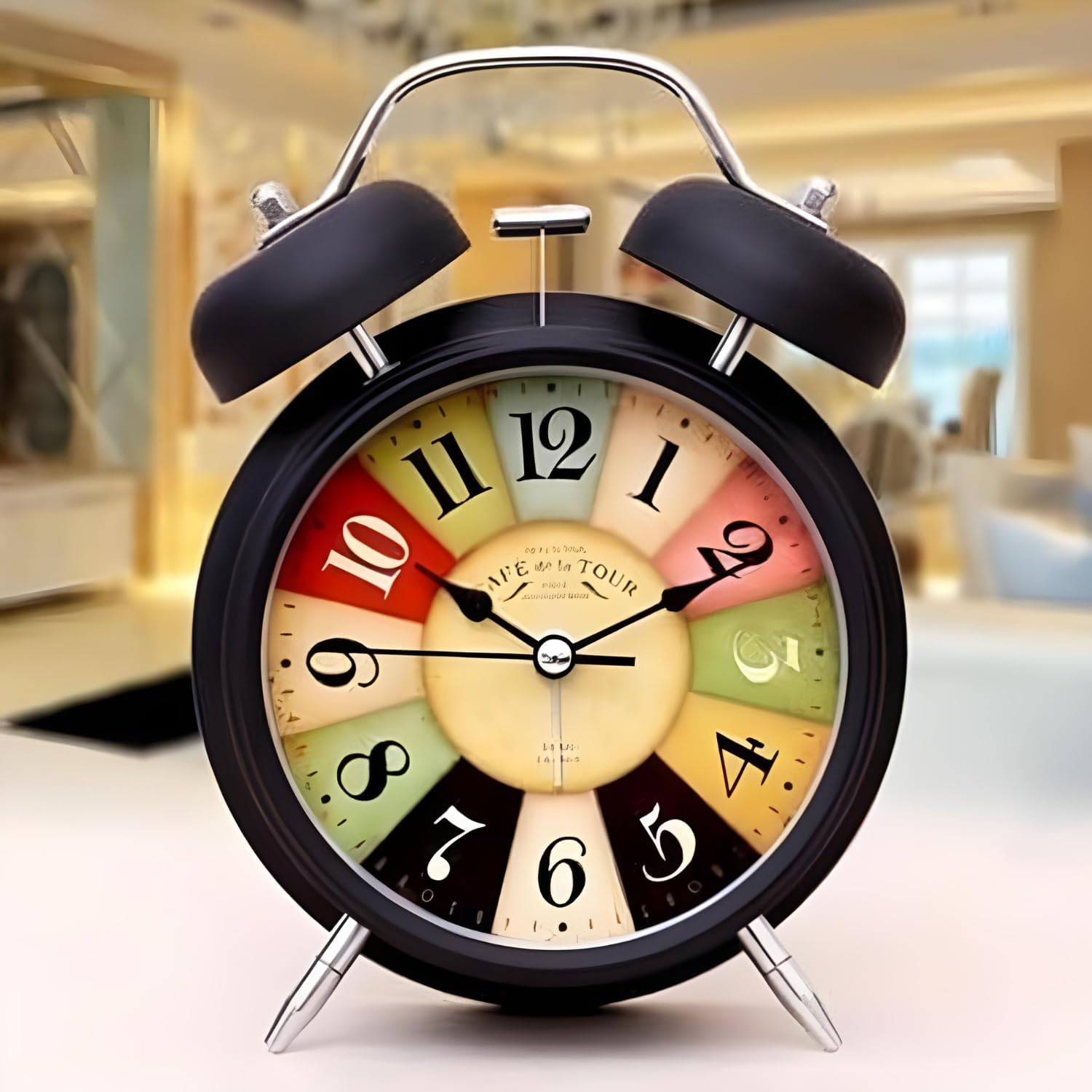 Table Analog Clock Retro Twin Bell Metal Frame Alarm Clock with Night Backlight Function Super Loud for Heavy Sleepers Adults, Twin Bell Retro Quartz with Backlight (Black), 9*12 Cm