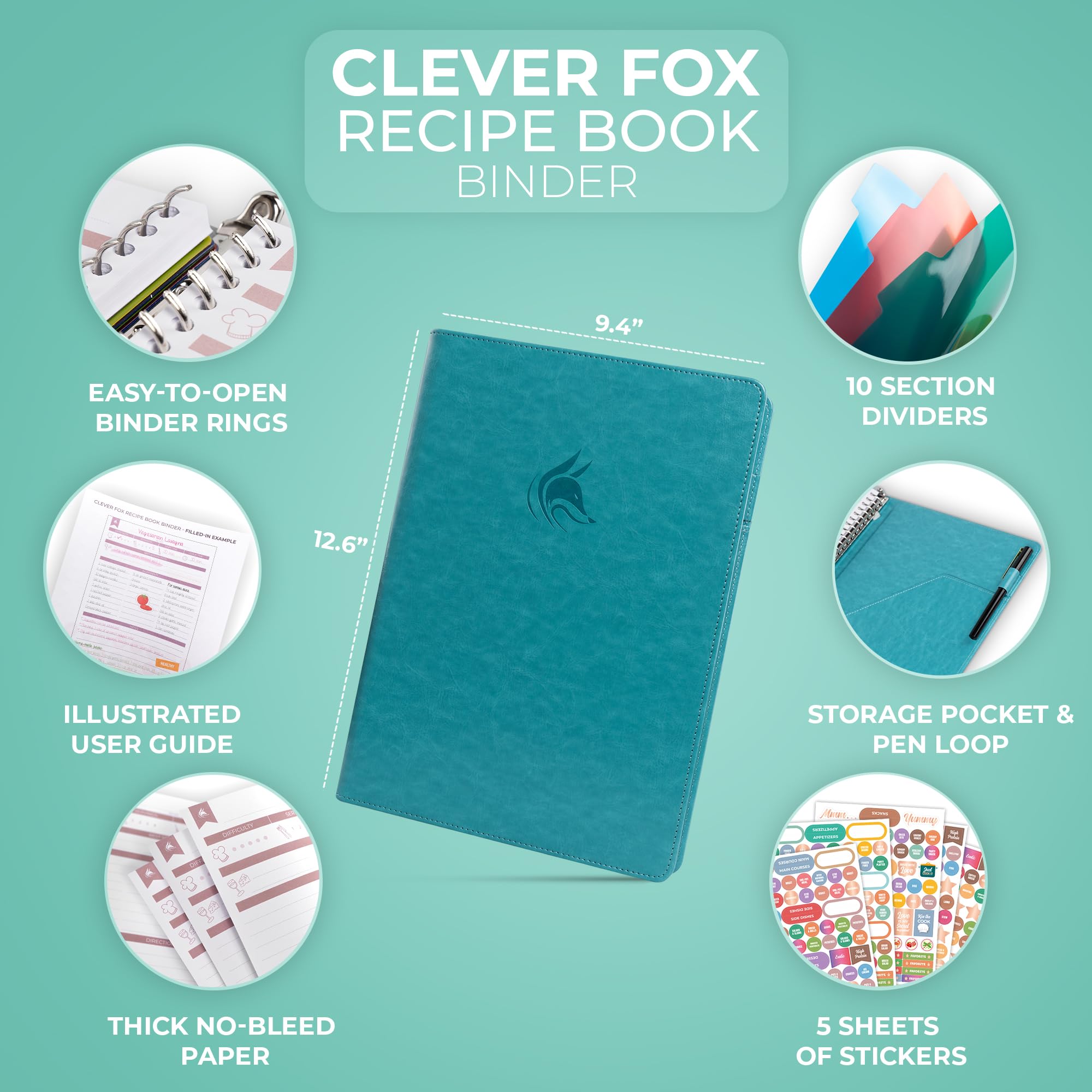 Clever Fox Raccoglitore per ricette con linguette, organizer ad anelli con pagine bianche per scrivere le tue ricette, libro di cucina di famiglia personalizzato, 220 ricette, 23,9 x 32 cm (turchese)