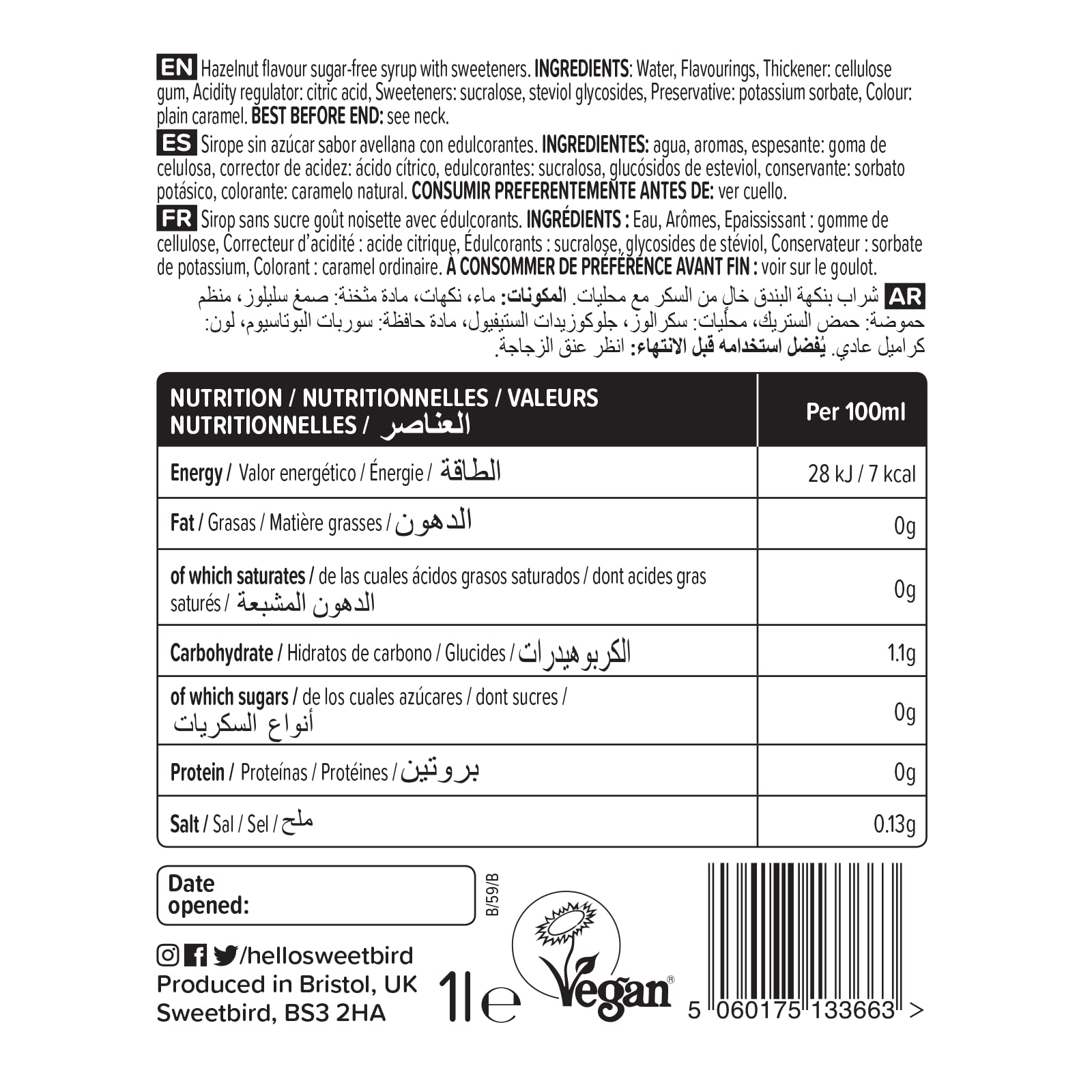 Sweetbird FS252 Haselnusssirup, zuckerfrei, 1 Liter