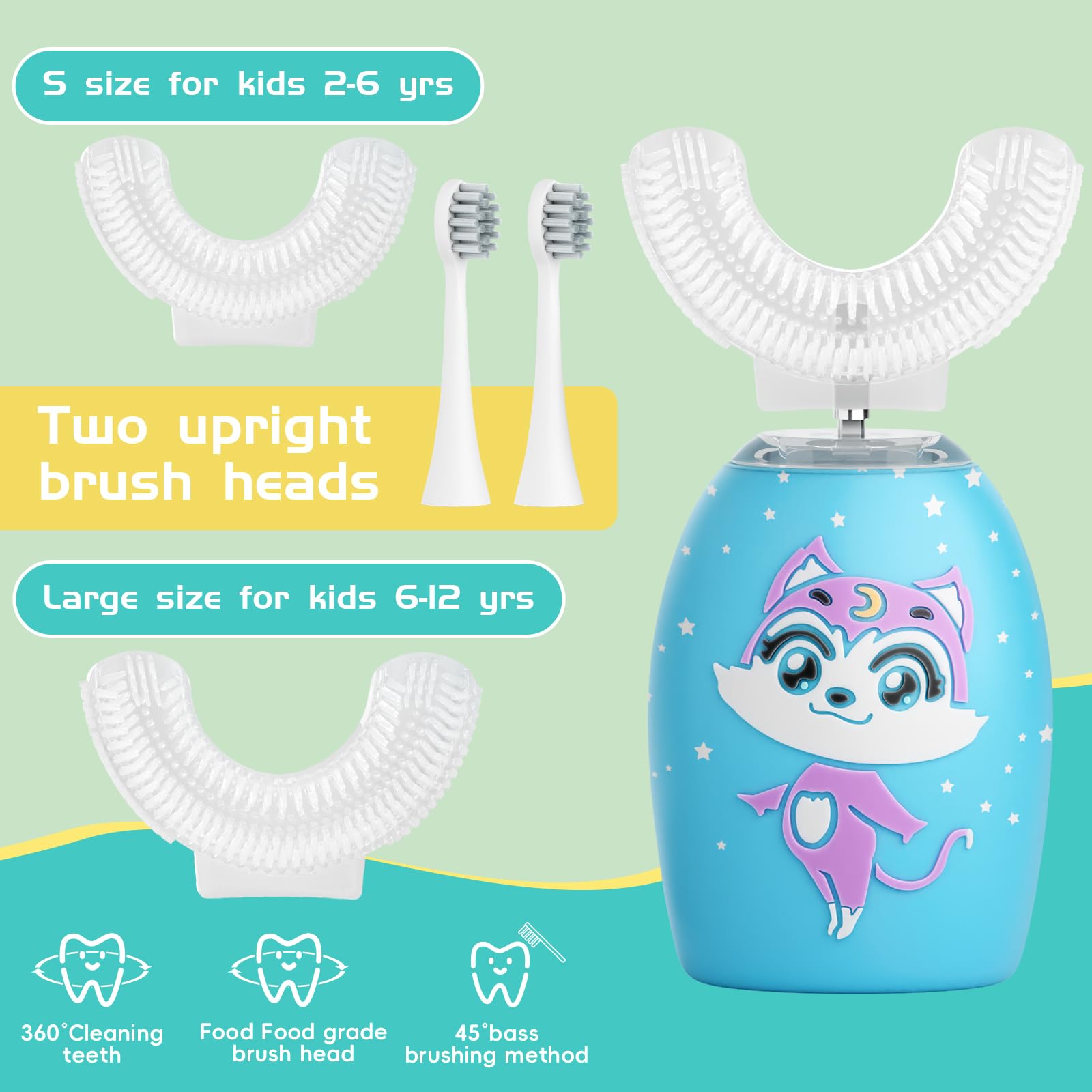 Spazzolino elettrico a forma di U per bambini con 4 testine, spazzolino sonico per bambini con timer 60s, design impermeabile IPX7, età 2-14, motivo carino blu
