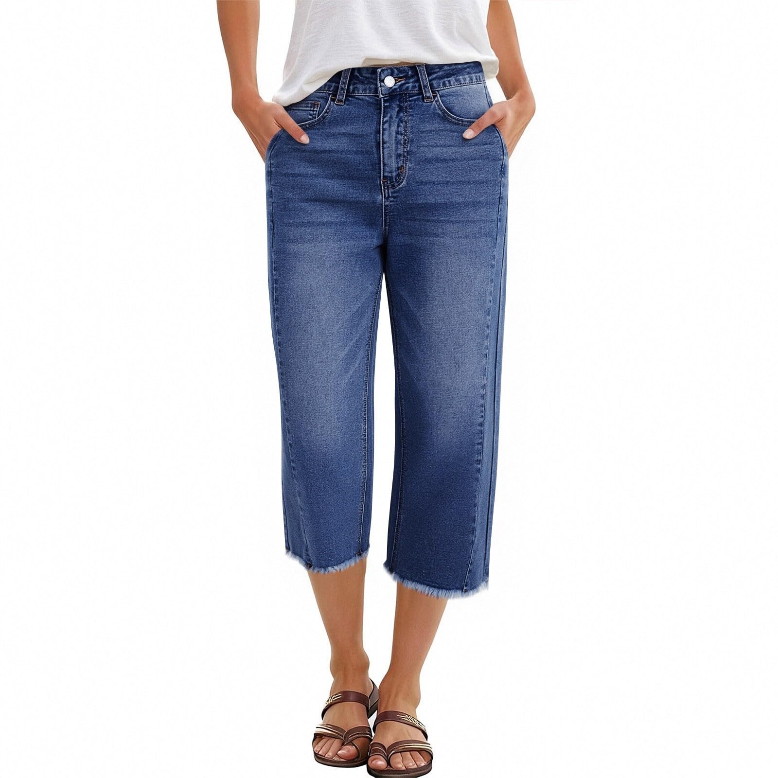 Jeanshose Damen Caprihose Denim Culotte Hose Hohe Taille Mit Fransen Saum