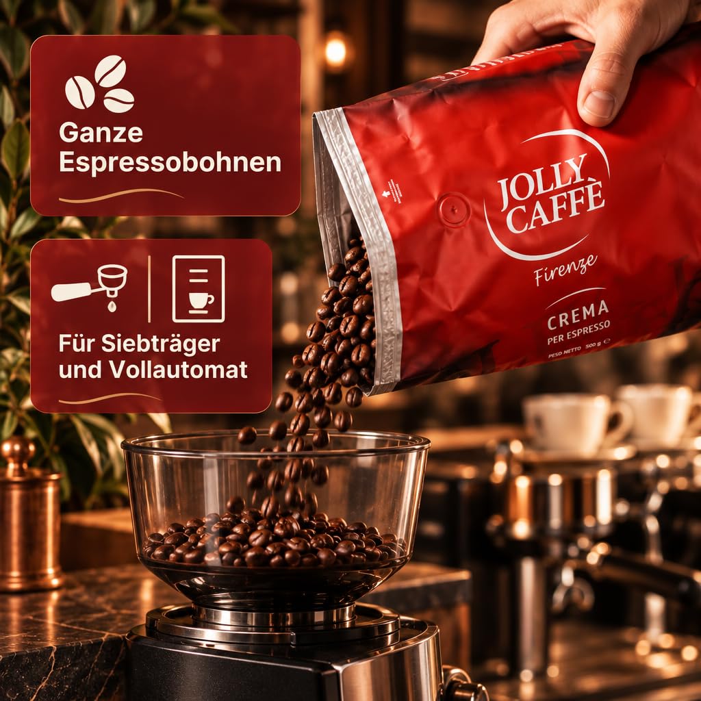 Jolly Caffè Crema Espresso Bohnen, 2 x 1000g, Premium Arabica-Mischung aus Zentralamerika, 2er Pack, Ganze Bohnen + ZUGABE FÄCHER