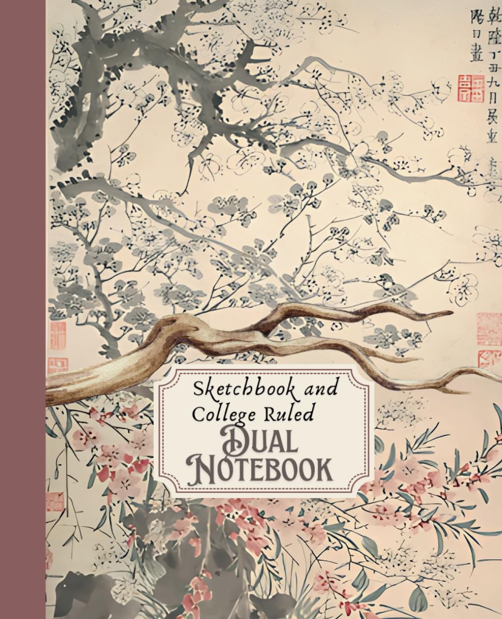 Dual Notebook White And Lined, Diary For Drawing, Notes, Writing And Sketching, Cute Pink Japanese Garden Flowers Cover: Alternating Blank And Lines ... Work And Travel, 120 Pages, 7,5 x 9,25 Inches