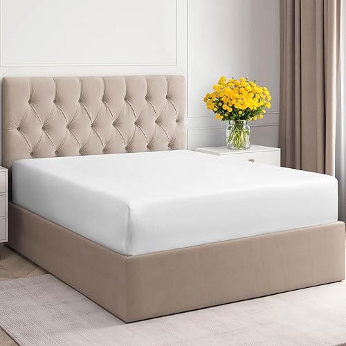 Sábana bajera de algodón fresco de 400 hilos, para colchón alto, se adapta perfectamente al colchón, solo una sábana bajera (tamaño King, blanco)