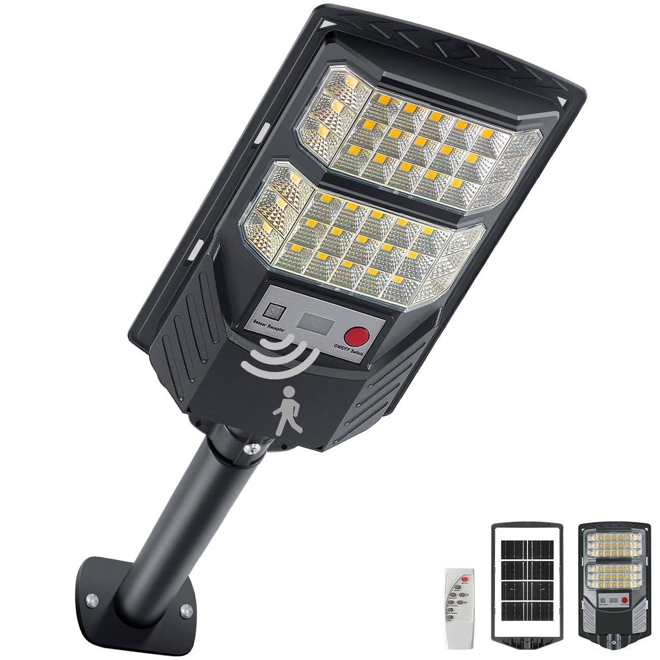 YACAISI Solar Street Lights Outdoor, 3000K Solar Parking Warm Light, LED Dusk to Dawn Flood Waterproof Powered Yellow Lighting with Motion Senso Security Lights for Garden Yard Pathway (1Pieces)