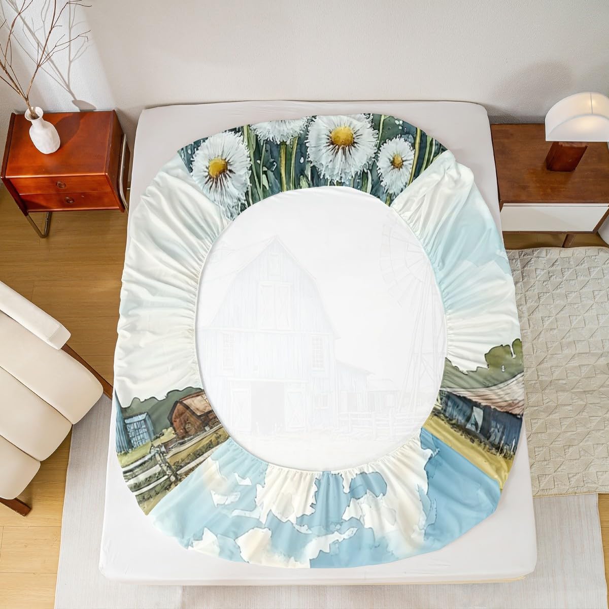 Erosebridal Rustic Farmhouse Bed Sheets Full Size Retro Turquoise Barn and Windmill Fitted Sheet Vintage Blue Floral Sheets Rural Country Lodge Cabin Bedding Set Farmhouse Decor with Deep Pocket