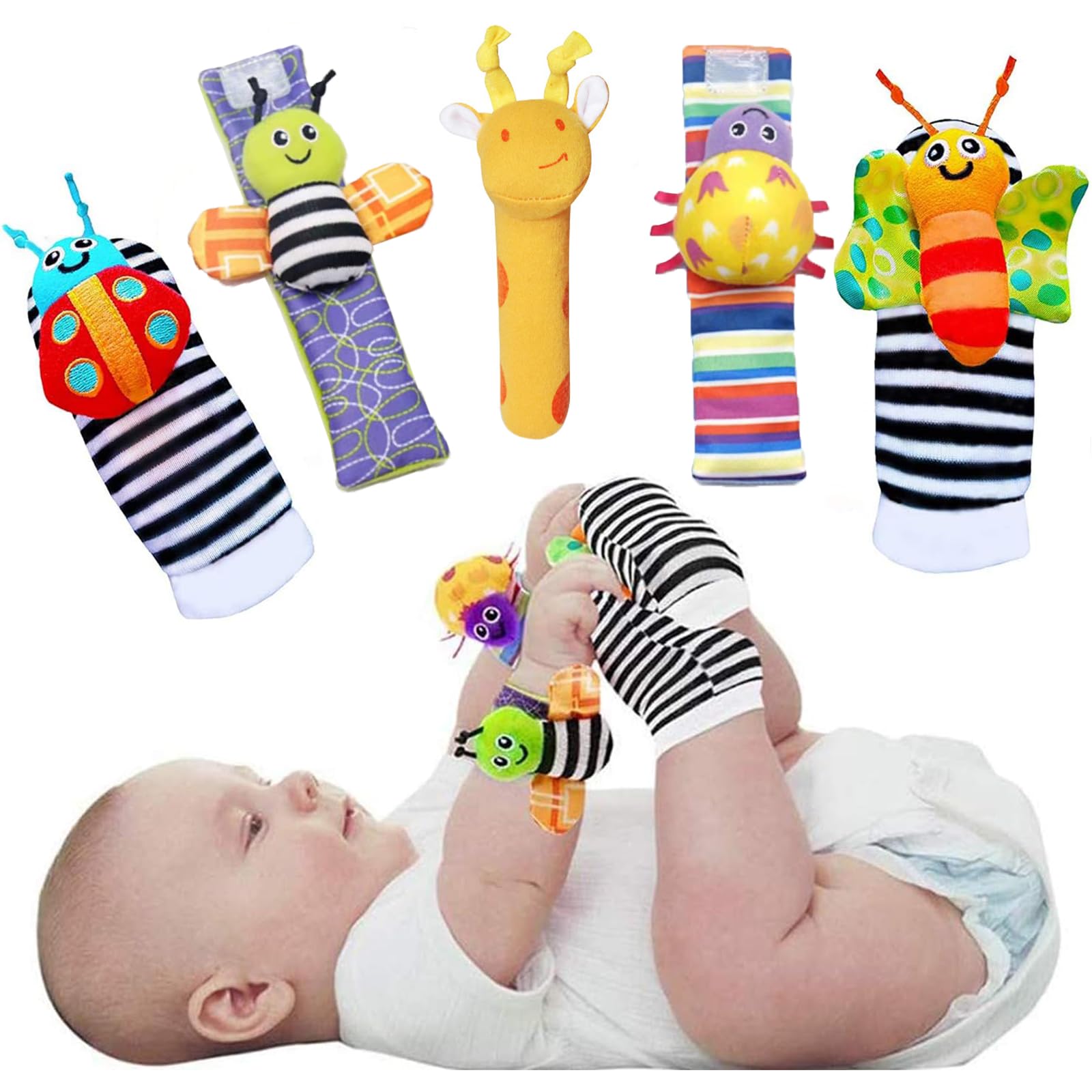 Foot Finders & Wrist Rattles for Infants, Developmental Textured Sensory Accessories for Newborns, Infant Socks and Baby Wrist Rattles, Suitable for Baby Boys & Girls 0-3, 3-6, 6-9 Months